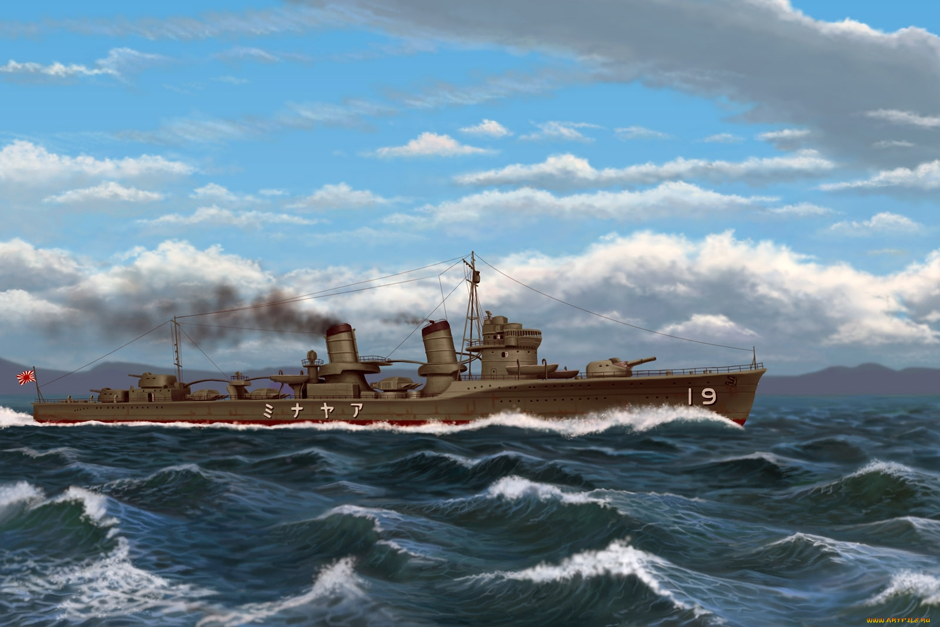 корабли, рисованные, волны, облака, дым, иероглифы