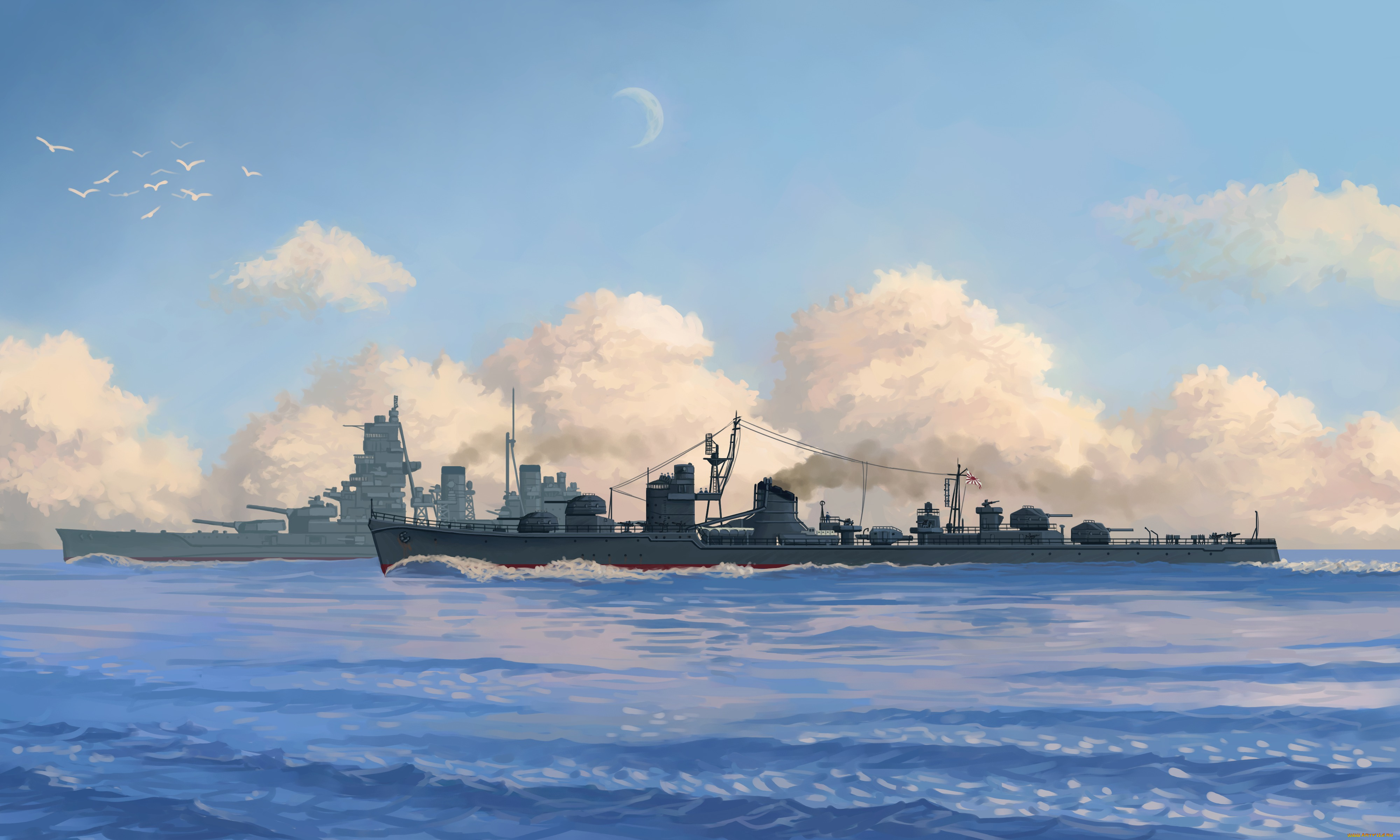 корабли, рисованные, птицы, облака, море, плавание