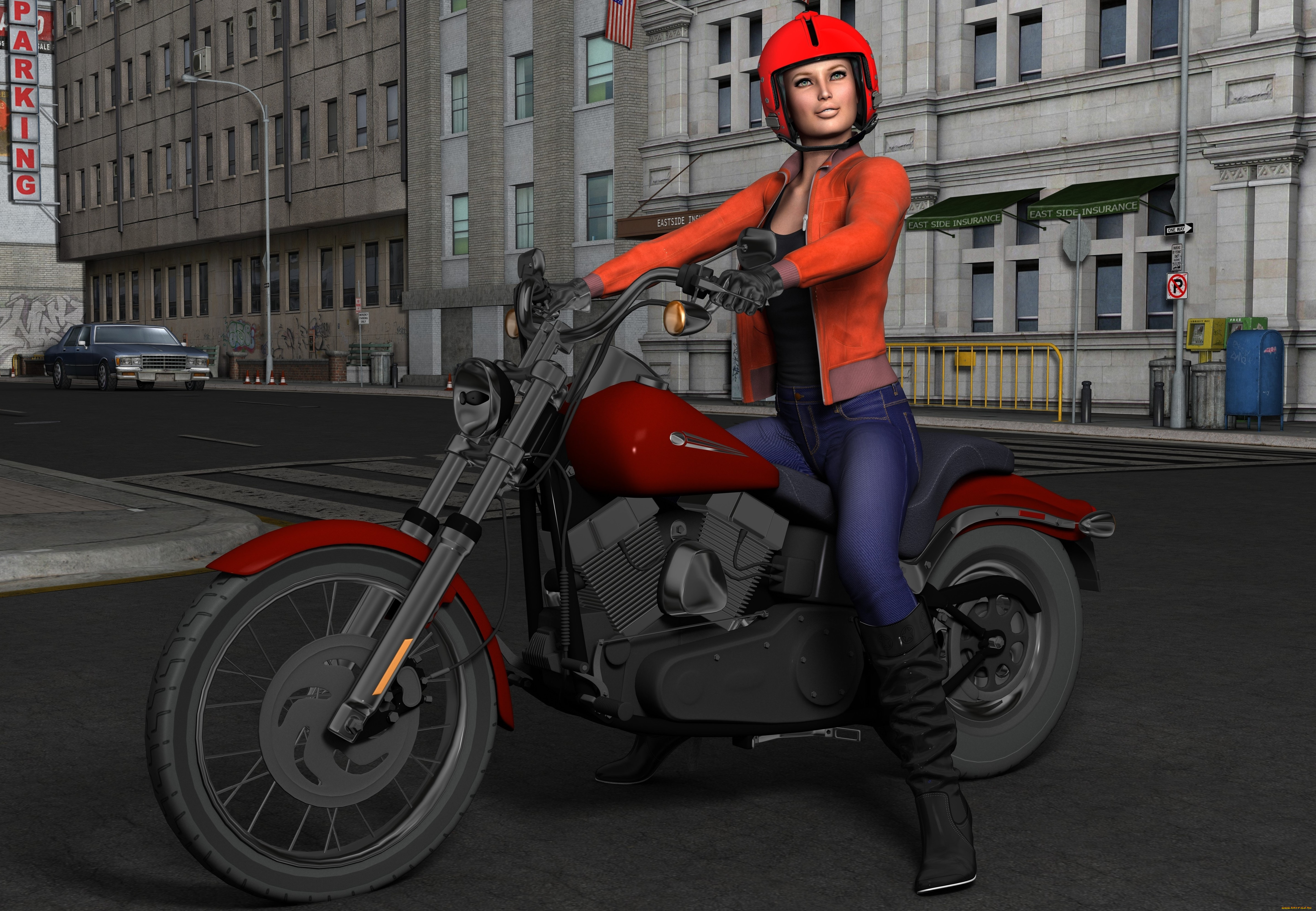 мотоциклы, 3d, девушка, взгляд, мотоцикл