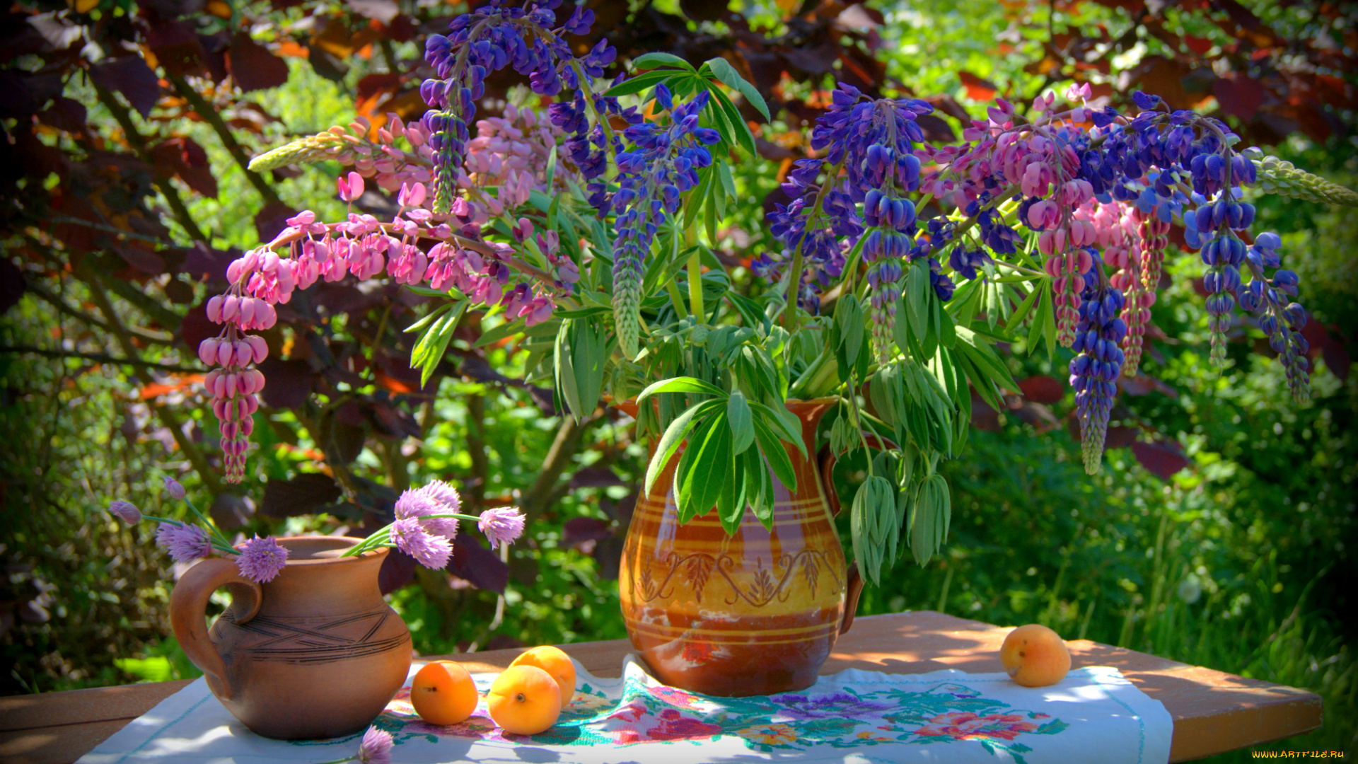цветы, люпин, абрикосы, кувшин, вышивка, букет, натюрморт