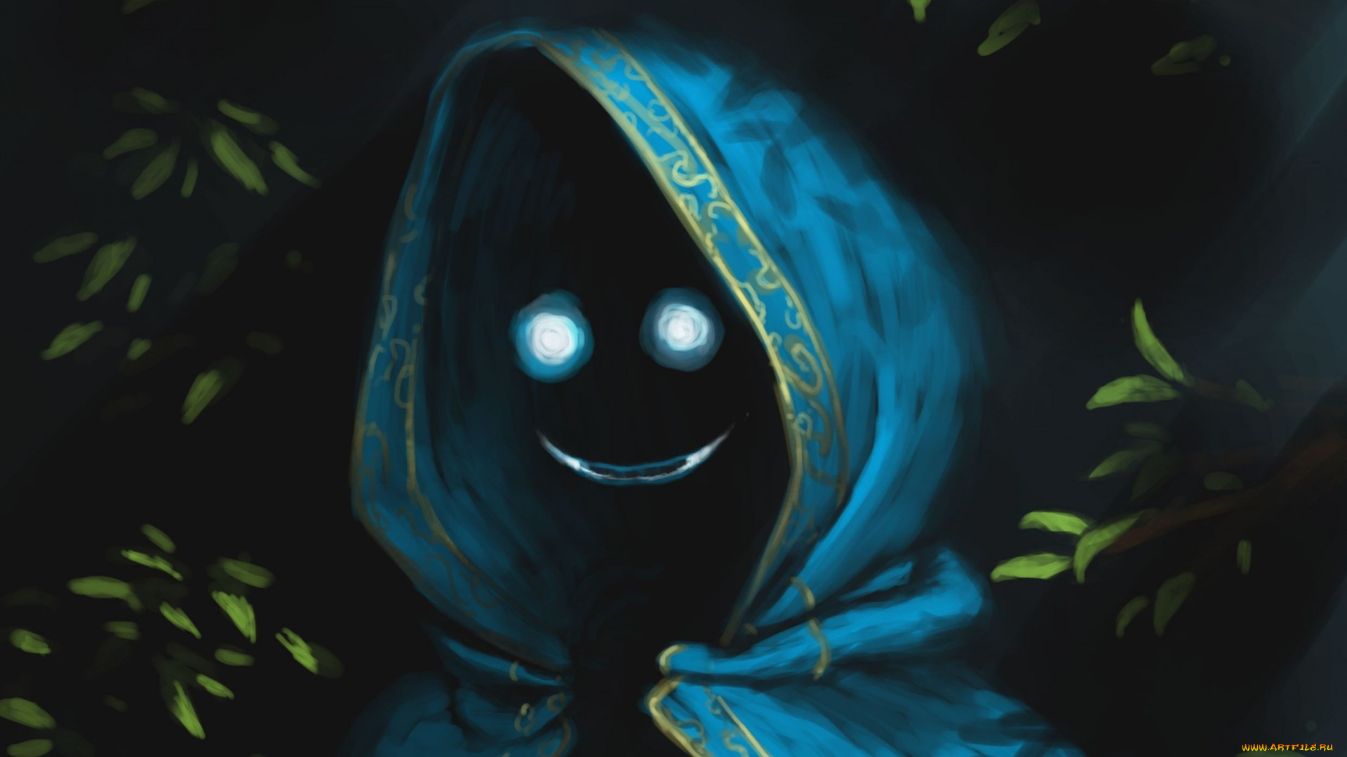 фэнтези, нежить, арт, freppechoco, shadow, soul, улыбка, зелень, капюшон, плащ, накидка, глаза, существо