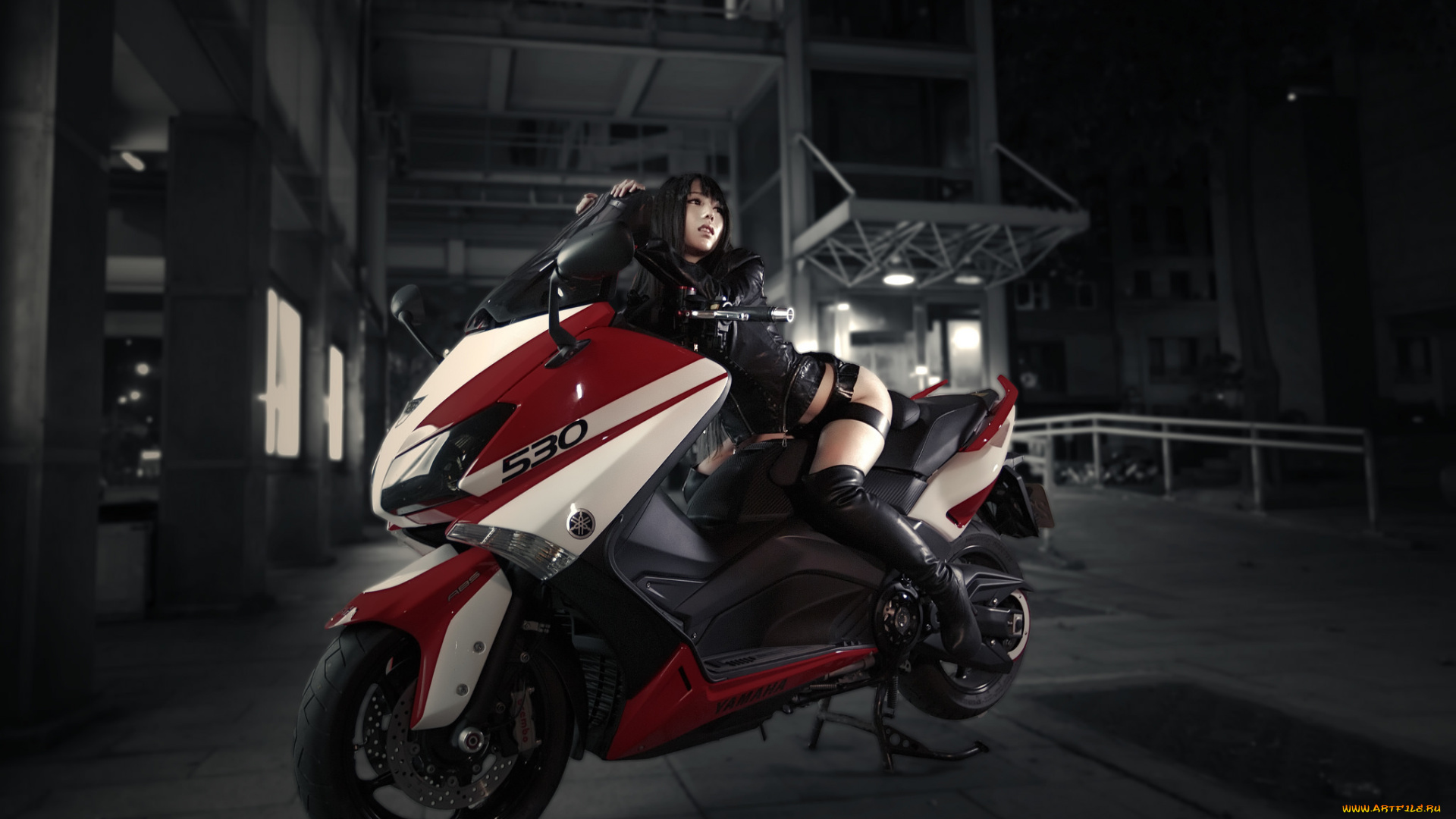 мотоциклы, мото, с, девушкой, город, мотороллер, взгляд, азиатка, девушка