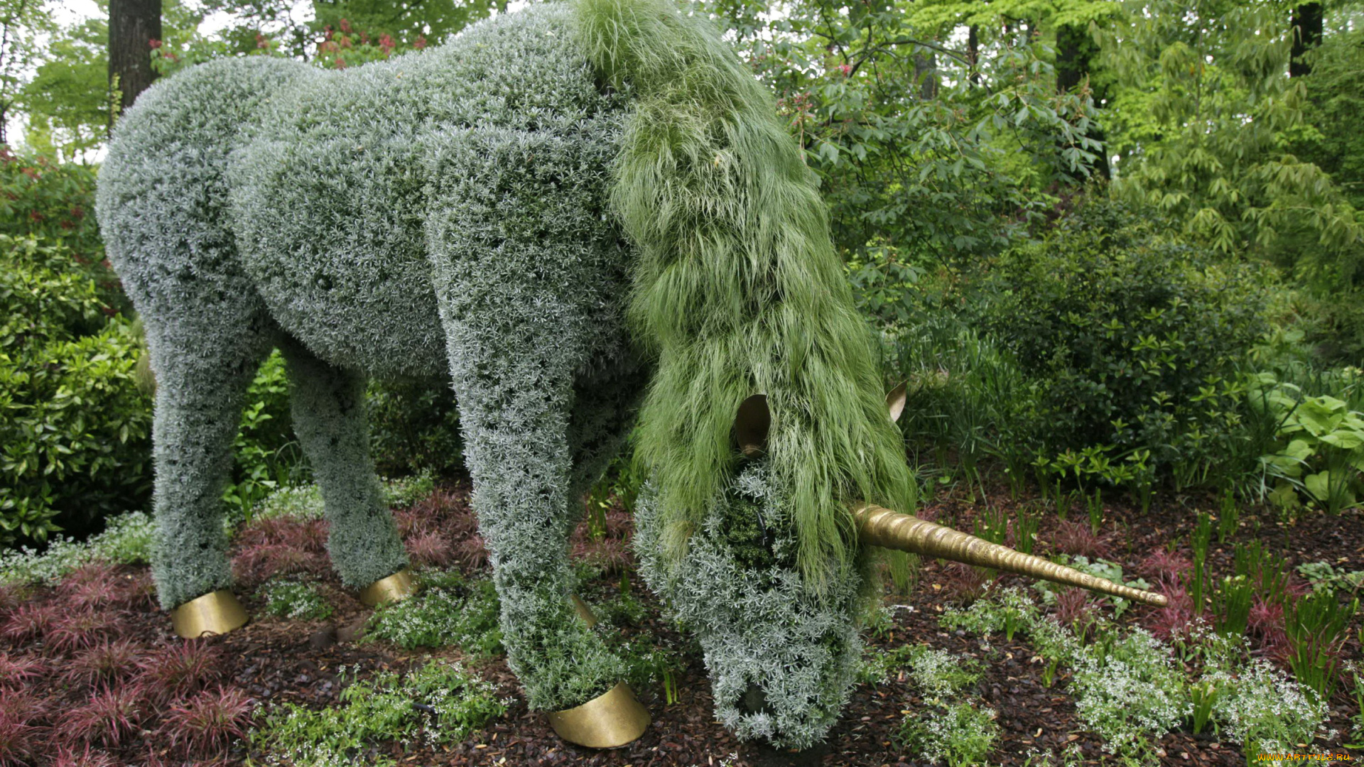 разное, садовые, и, парковые, скульптуры, парк, скульптура, atlanta, botanical, garden, сша, единорог, деревья, дизайн