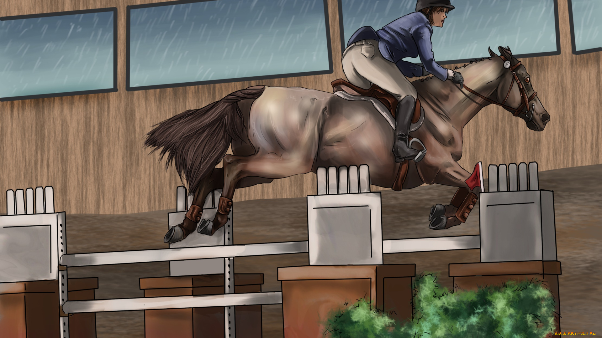 рисованное, животные, , лошади, фон, всадник, лошадь