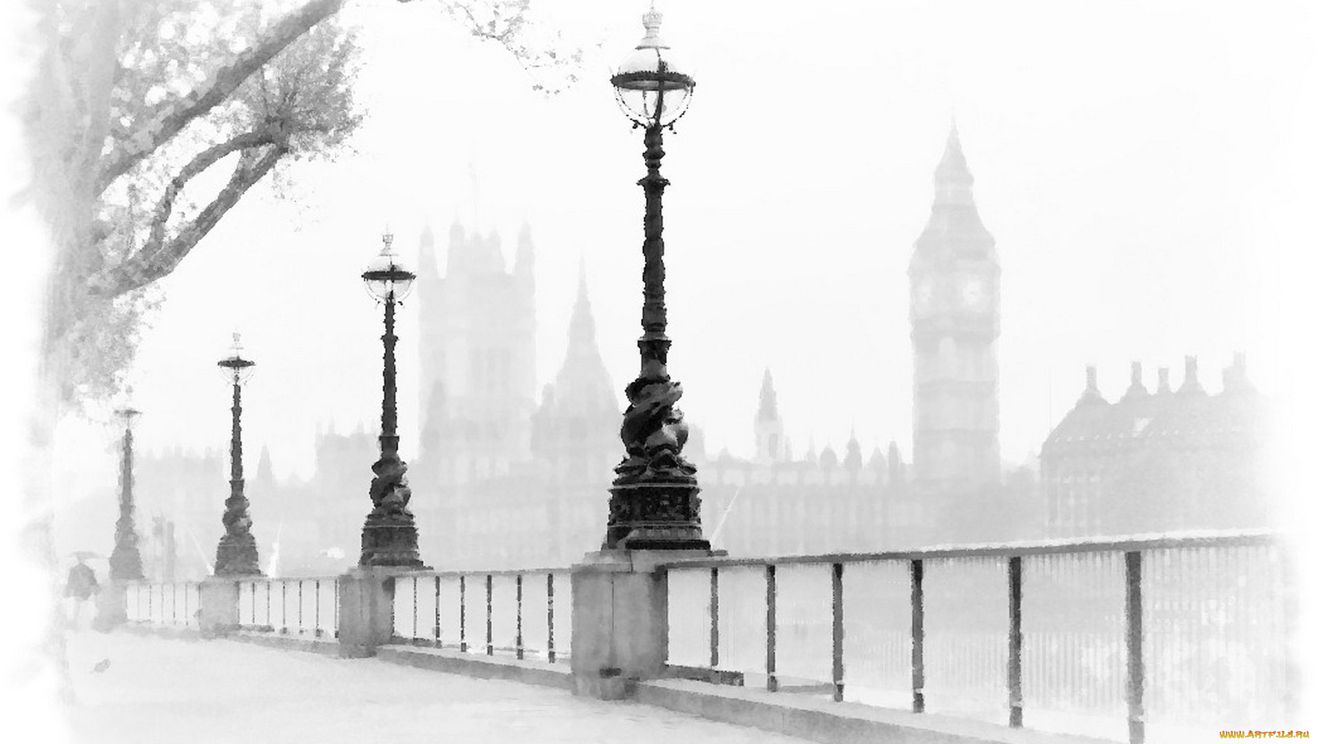 рисованное, города, рисунок, акварель, фонари, лондон