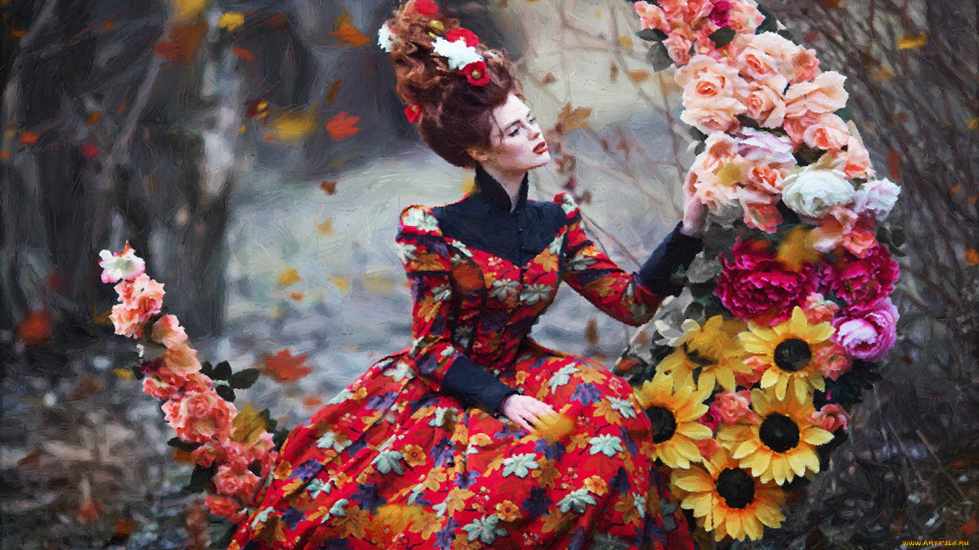 рисованное, люди, цветы, девушка, осень, картина, маслом