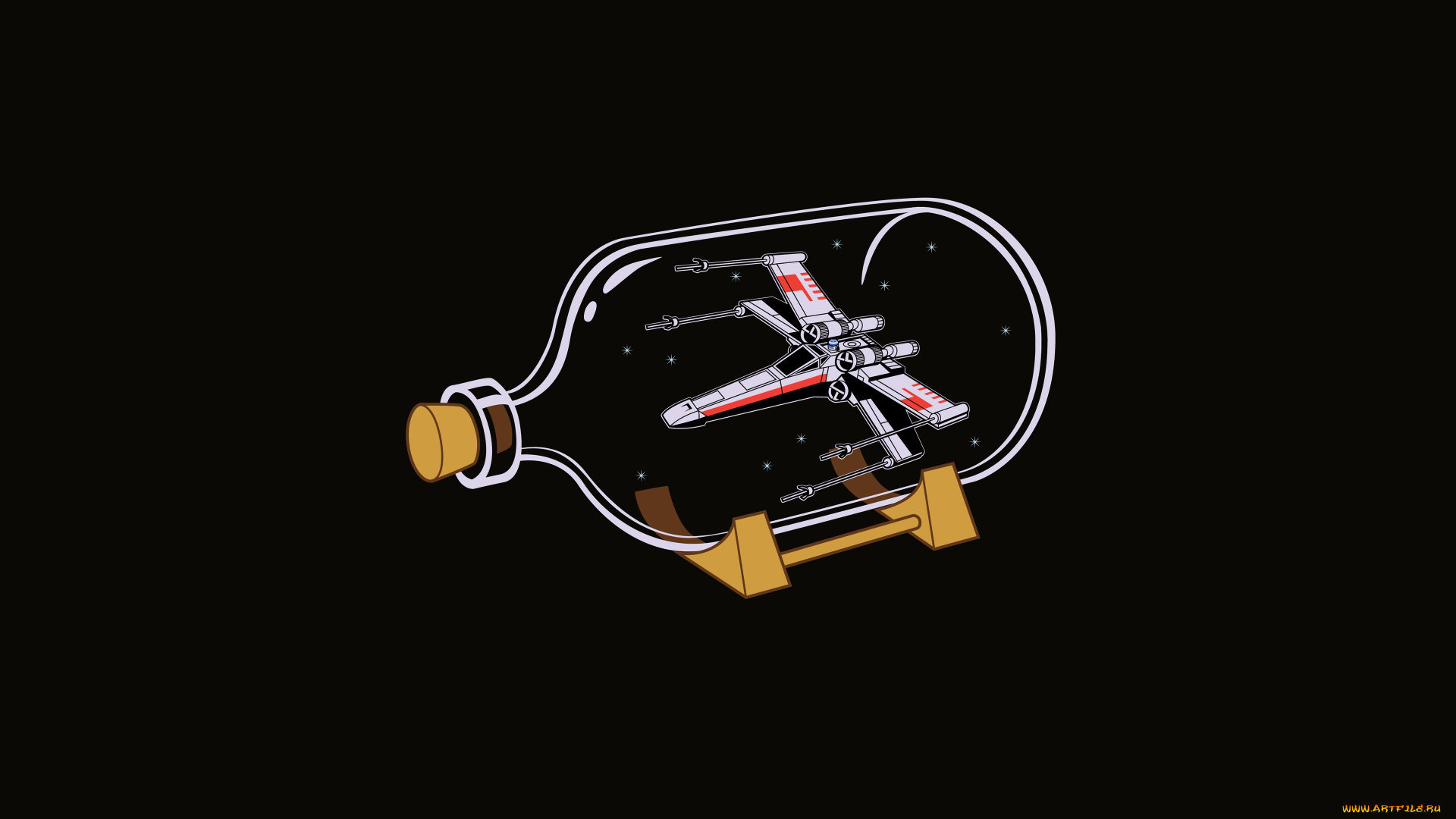 рисованное, минимализм, artwork, film, ship, in, a, bottle, x-wing, black, background, movie, minimalism, fantasy, star, wars