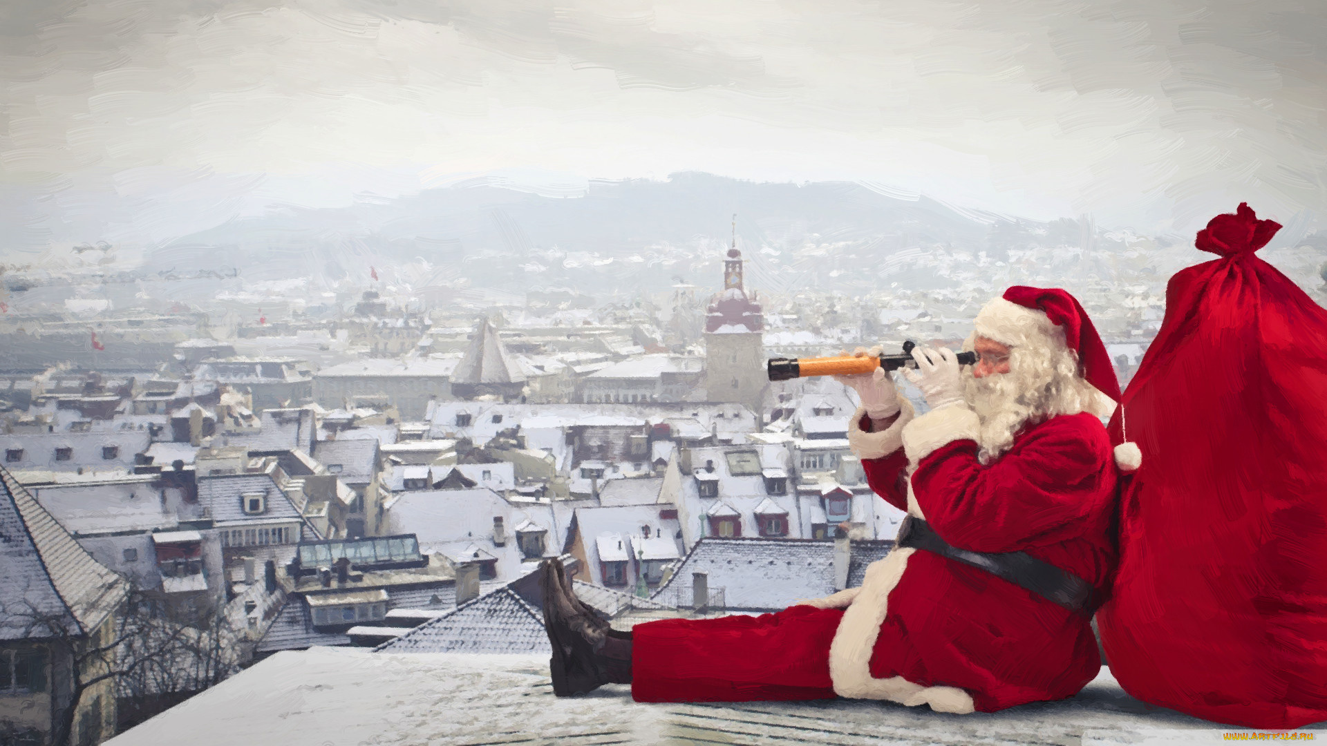 рисованное, праздники, крыша, подзорная, труба, город, санта, клаус, картина, маслом