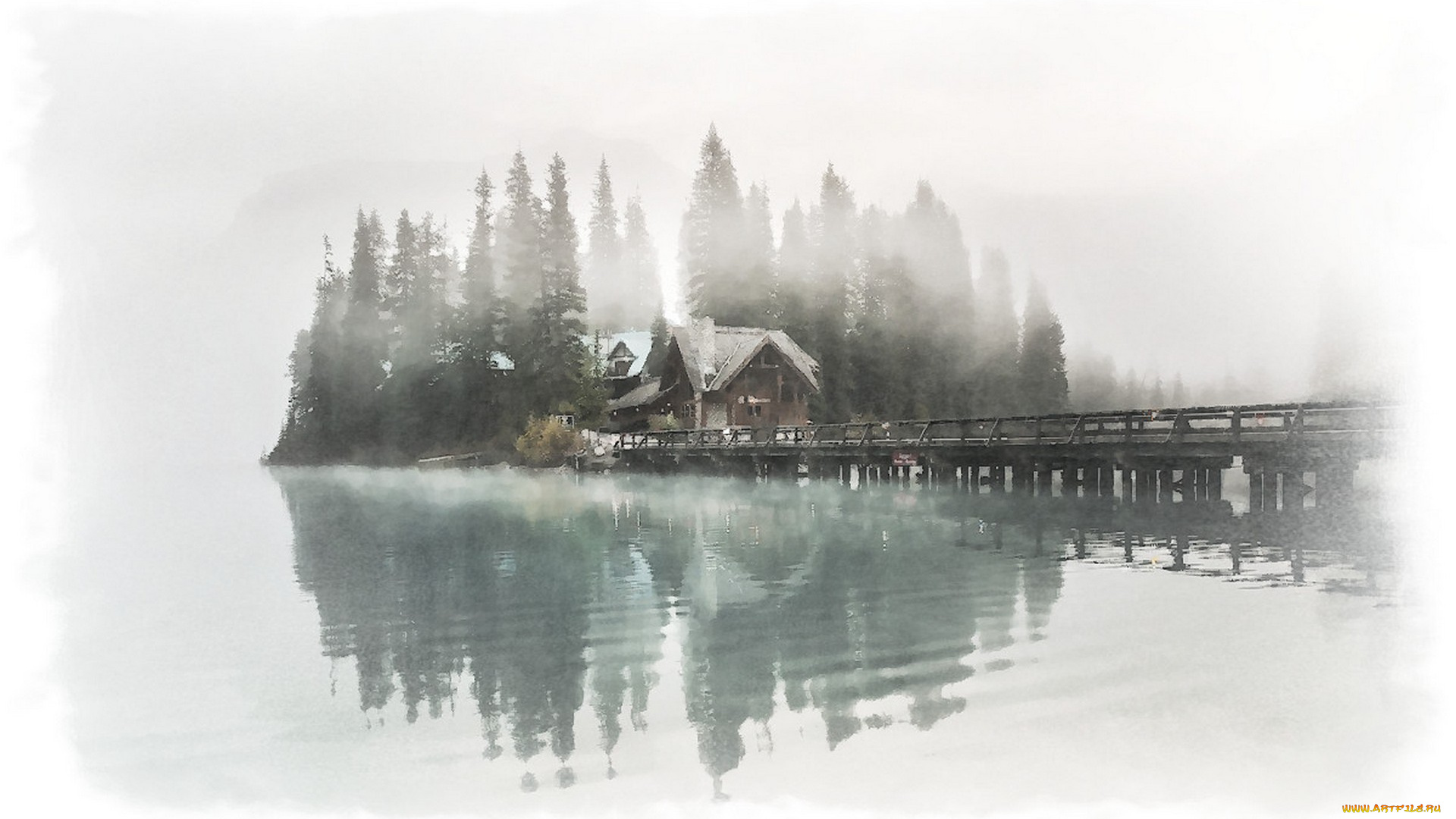 рисованное, природа, рисунок, дома, акварель, дом, река