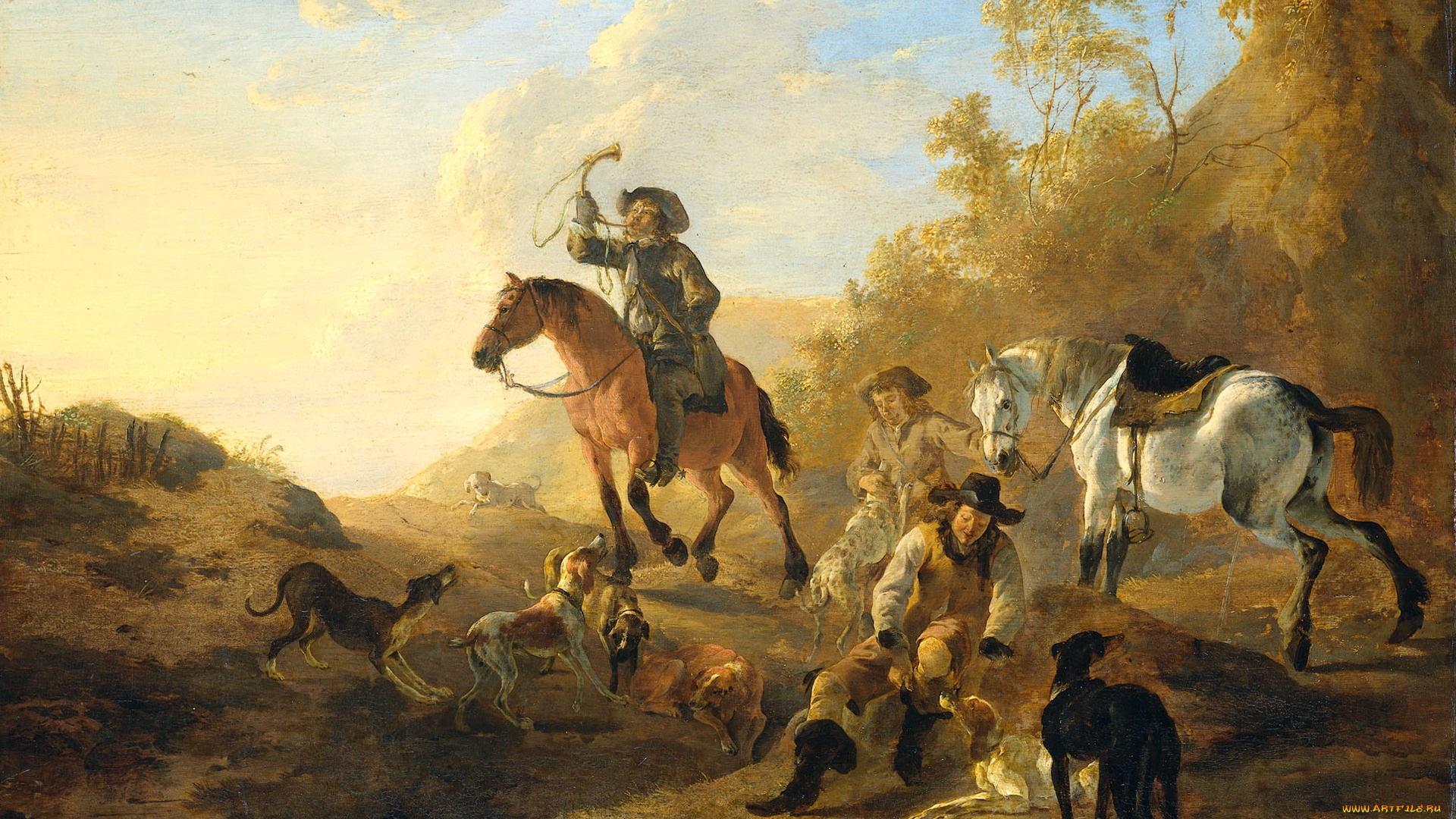 рисованное, живопись, пейзаж, дирк, стоп, картина, группа, охотников, масло, дерево, жанровая