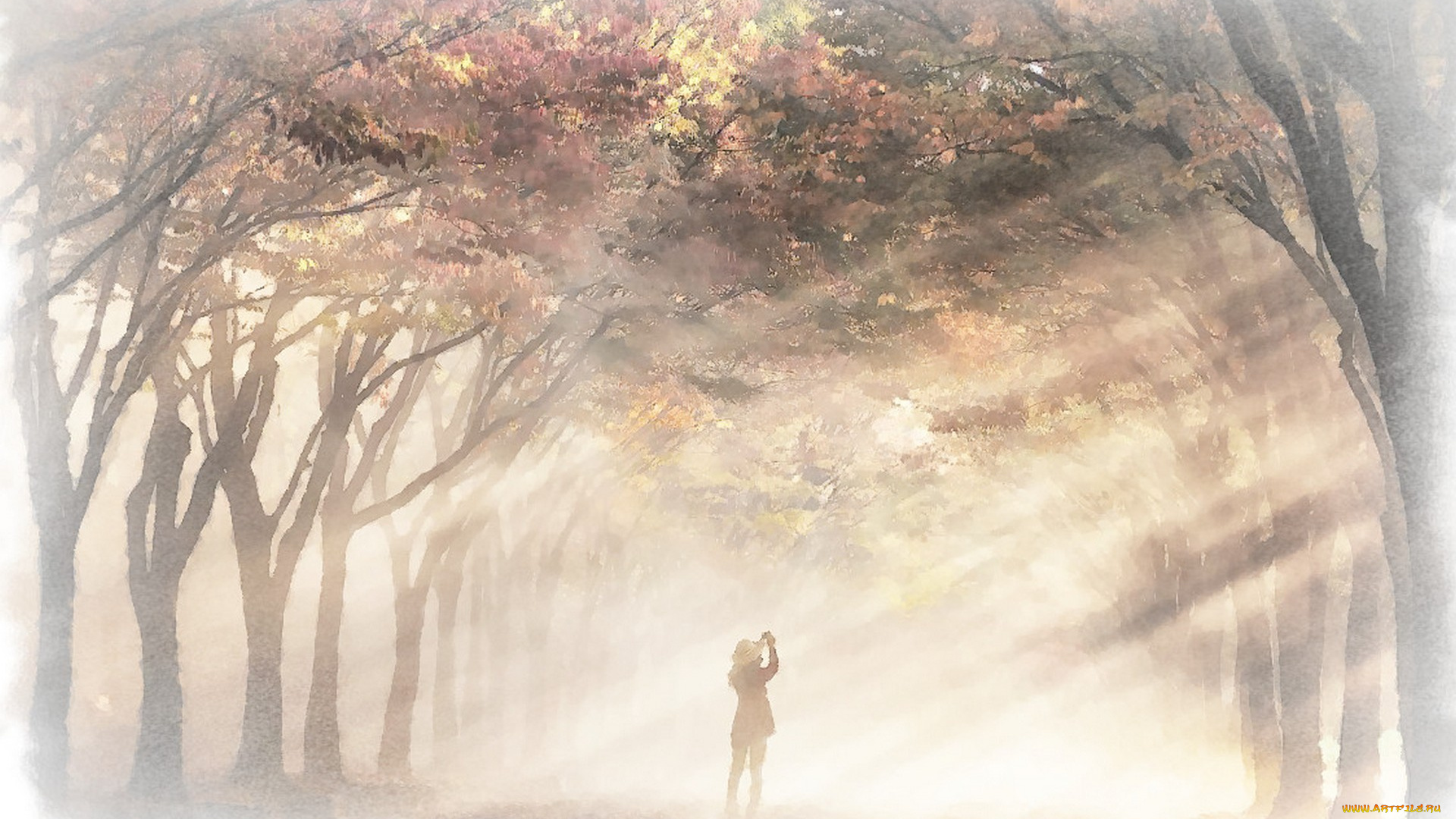 рисованное, живопись, природа, акварель, деревья, человек