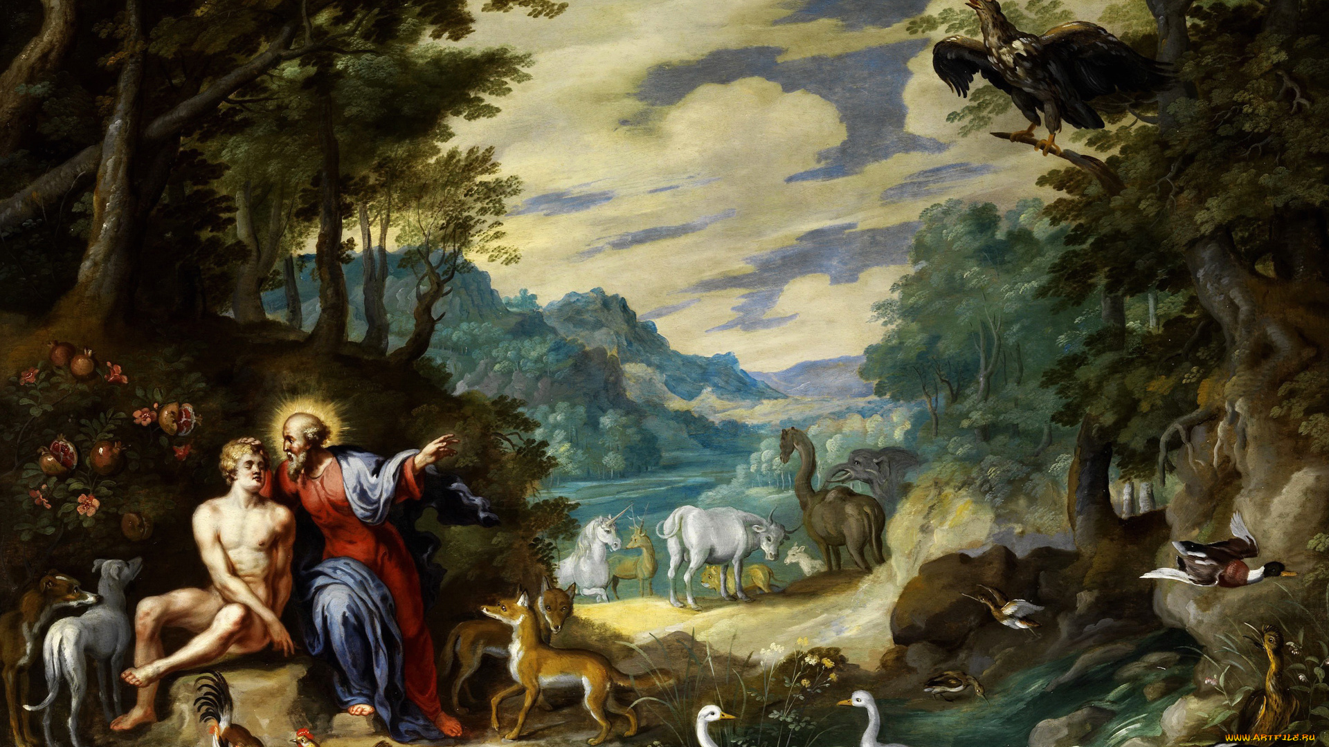 рисованное, живопись, Ян, брейгель, младший, картина, в, эдемском, саду, мифология