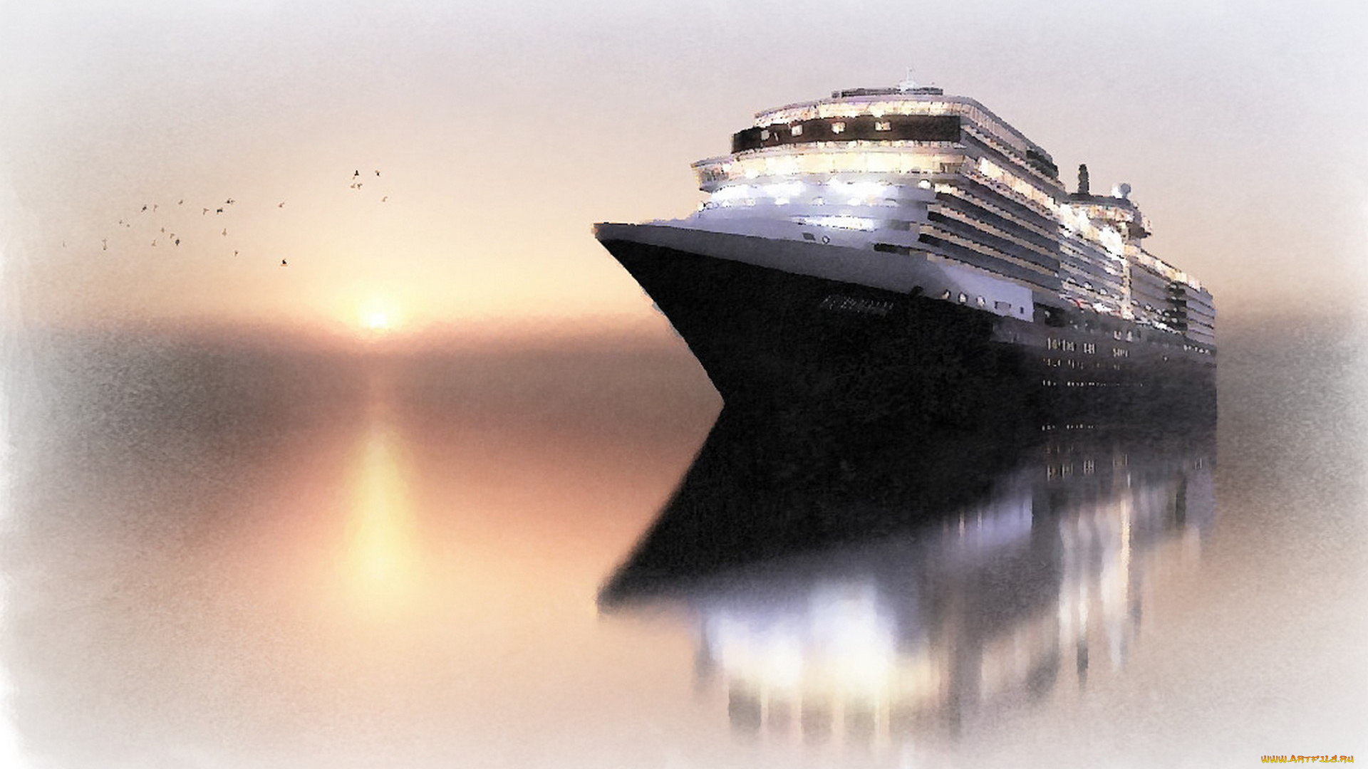 рисованное, живопись, закат, ночь, море, корабль, акварель