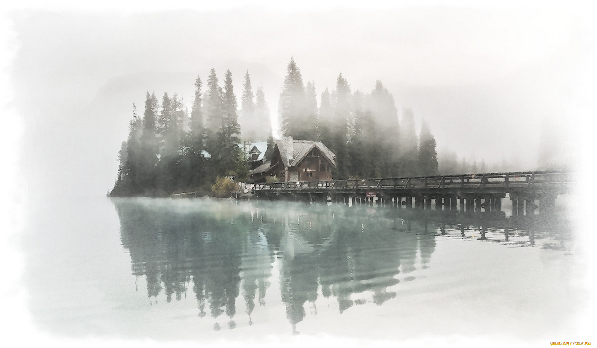 рисованное, природа, рисунок, дома, акварель, дом, река