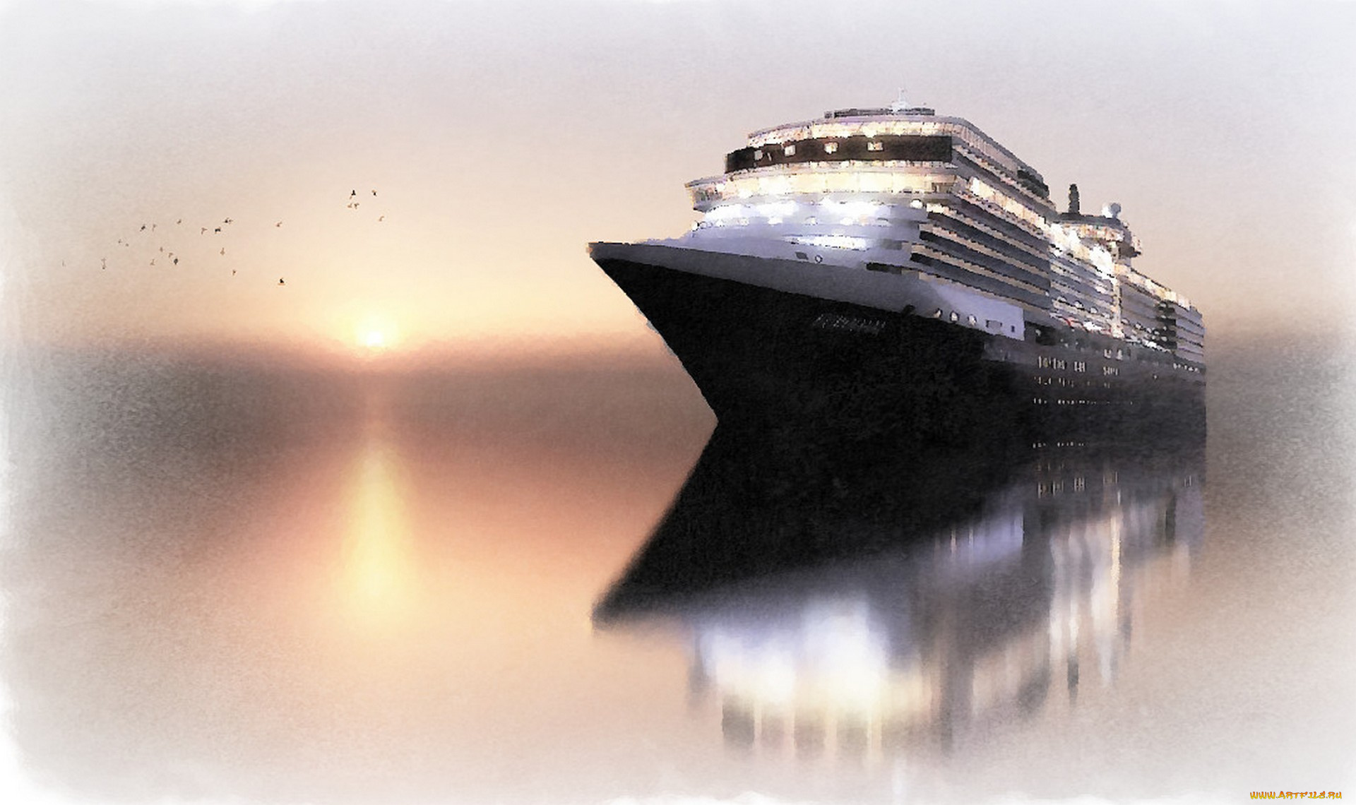 рисованное, живопись, закат, ночь, море, корабль, акварель