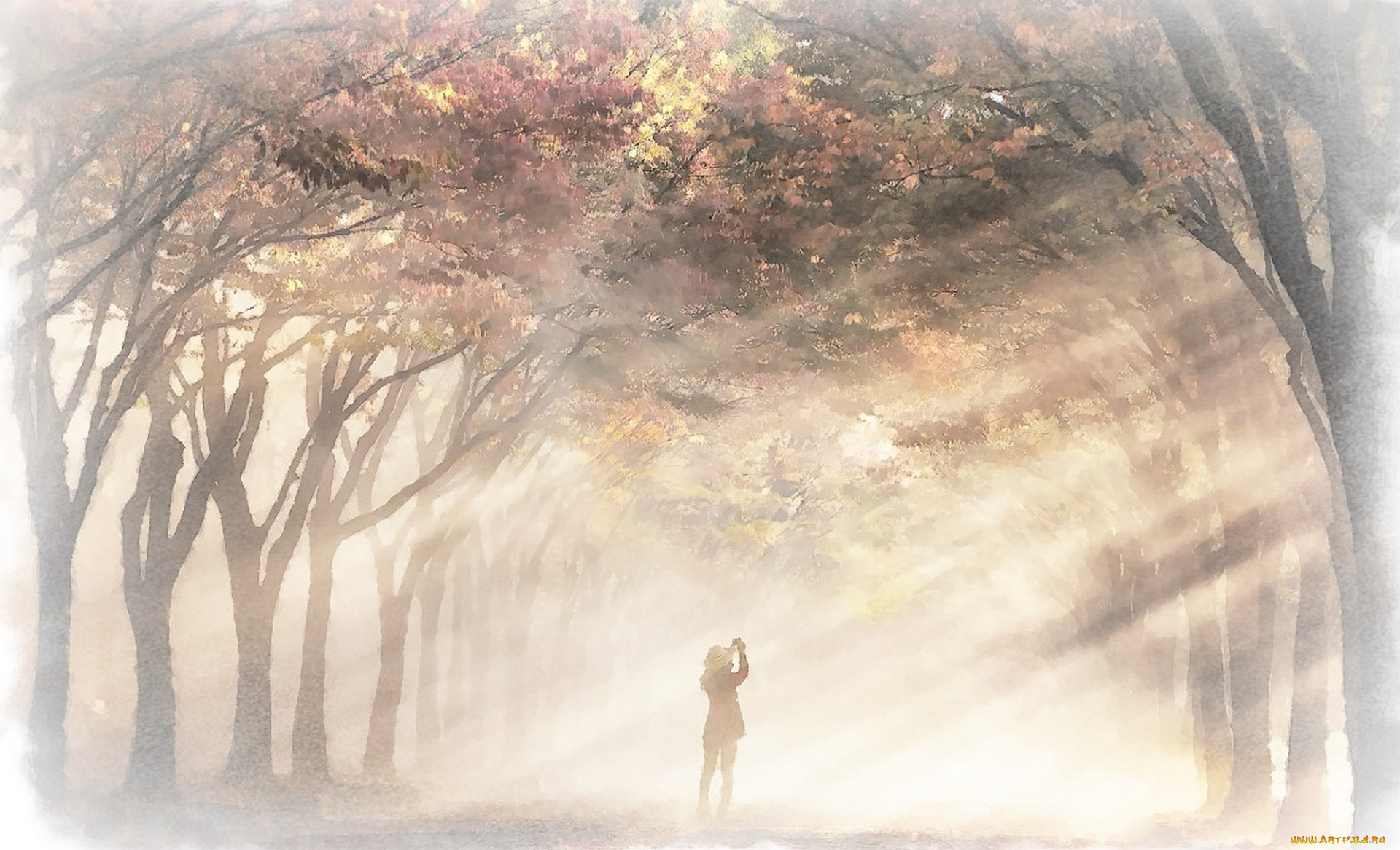 рисованное, живопись, природа, акварель, деревья, человек