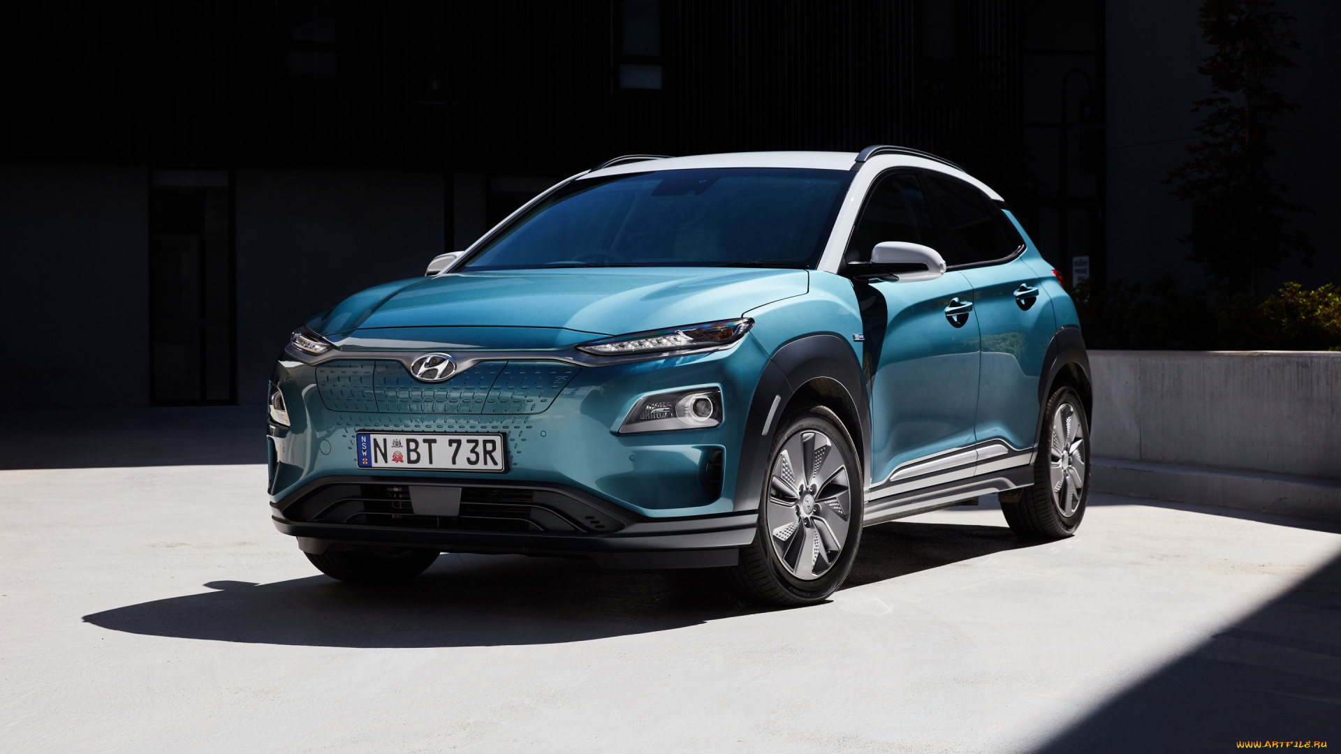 2019, hyundai, kona, electric, автомобили, hyundai, корейские, электромобили, синий, вид, спереди, электрический, кроссовер