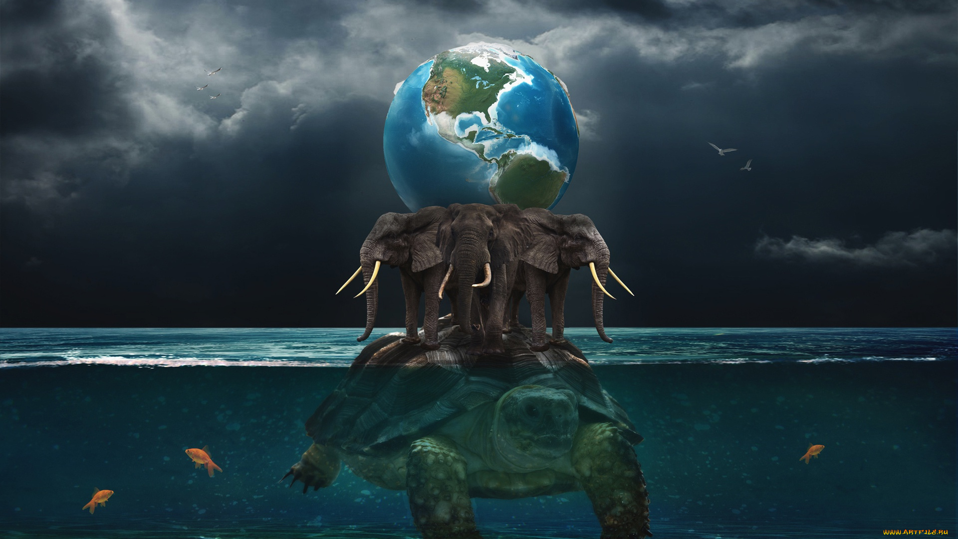 фэнтези, фотоарт, три, слона