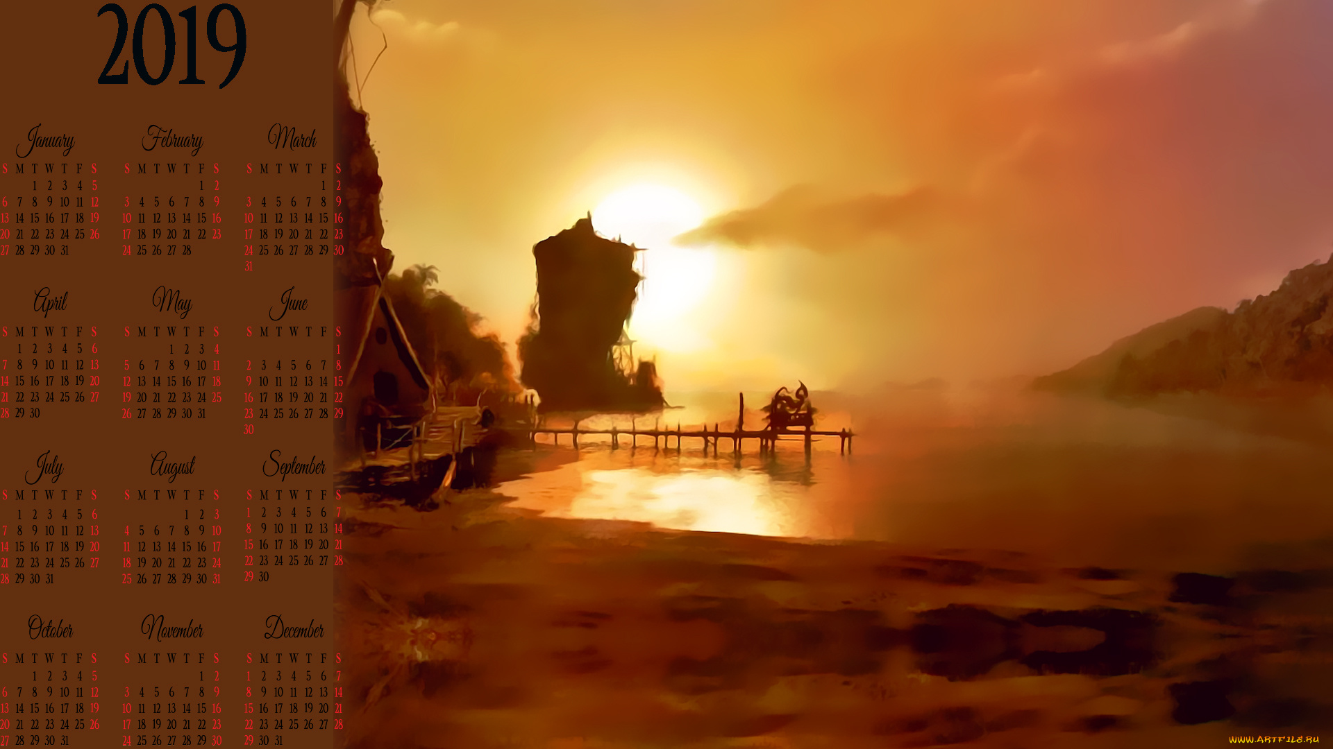 календари, фэнтези, хижина, водоем