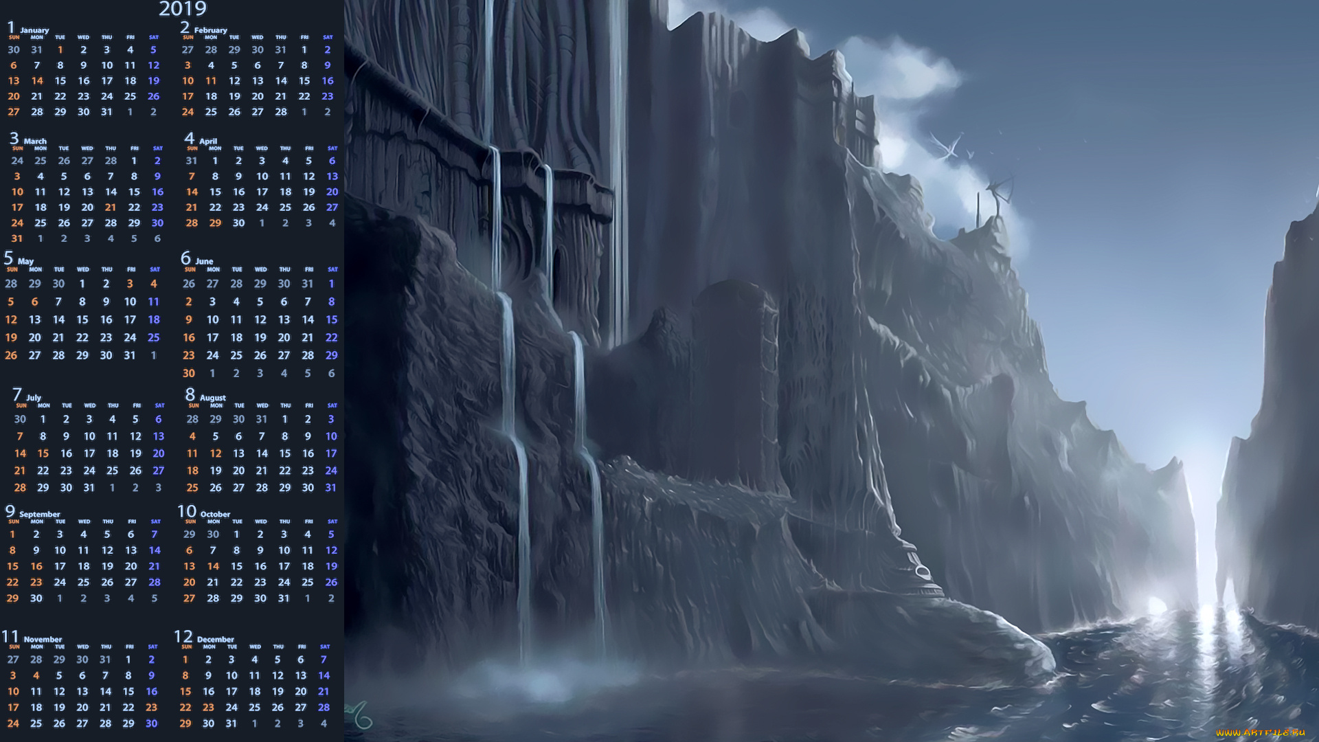 календари, фэнтези, скала, гора, камень, водоем, водопад