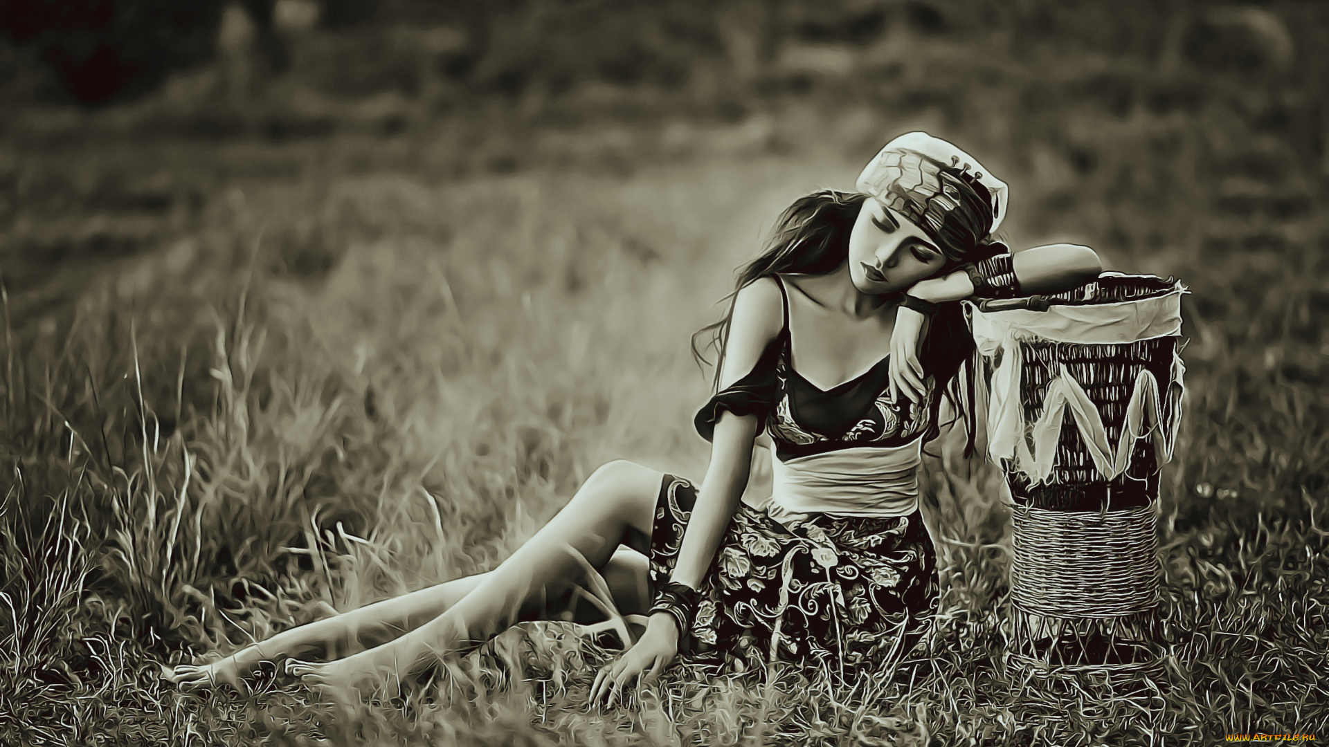 календари, компьютерный, дизайн, природа, растение, трава, сидеть, девушка, корзина, платок