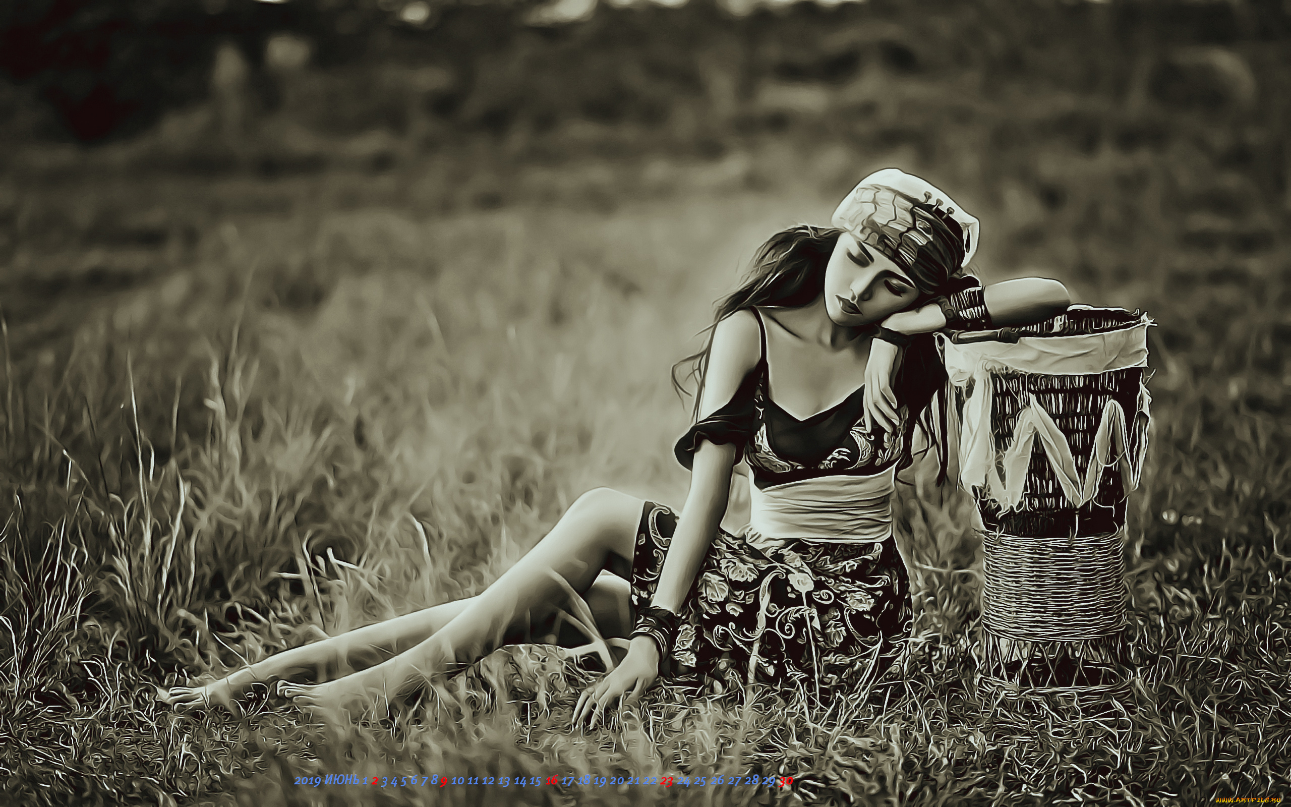 календари, компьютерный, дизайн, природа, растение, трава, сидеть, девушка, корзина, платок