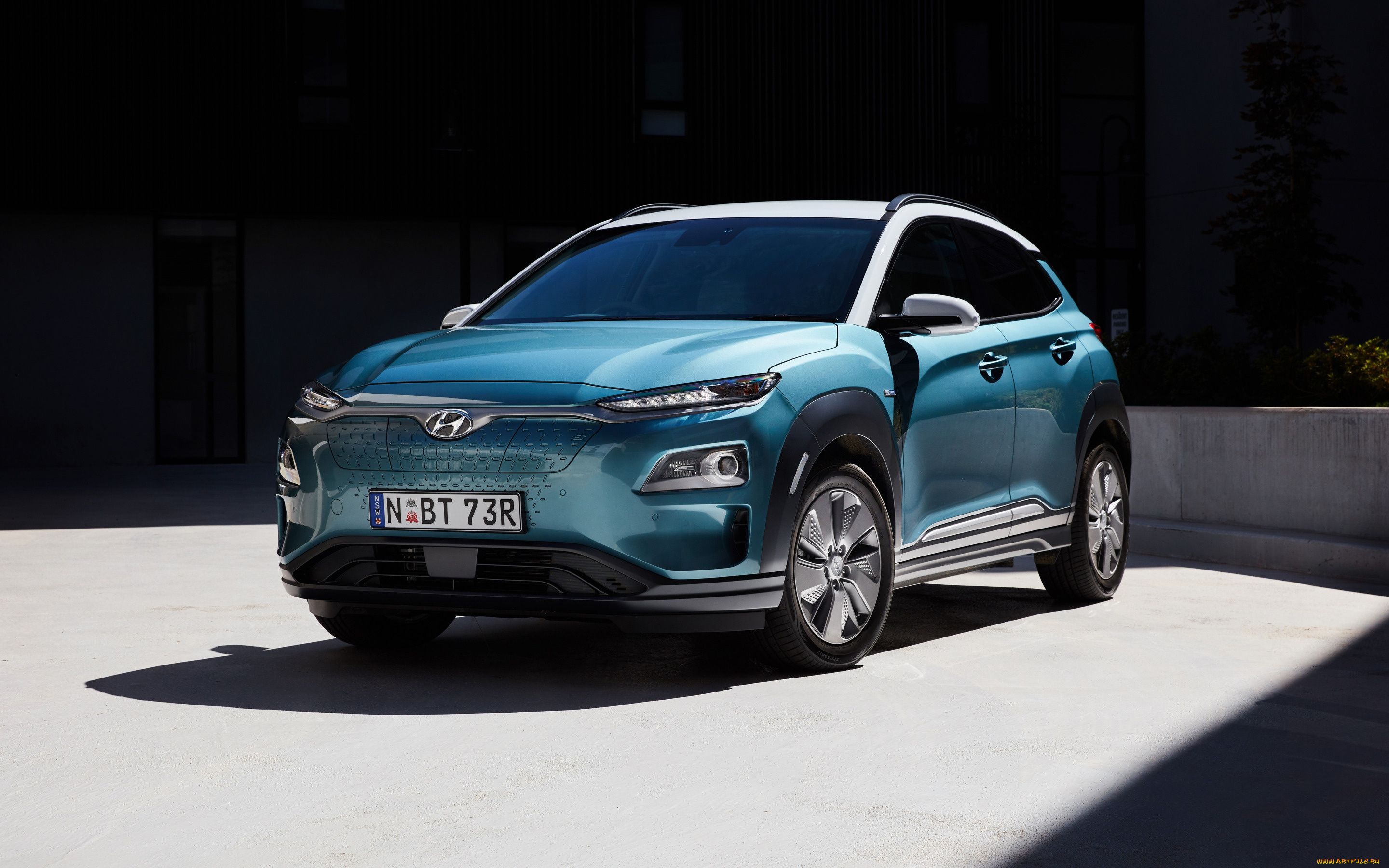 2019, hyundai, kona, electric, автомобили, hyundai, корейские, электромобили, синий, вид, спереди, электрический, кроссовер