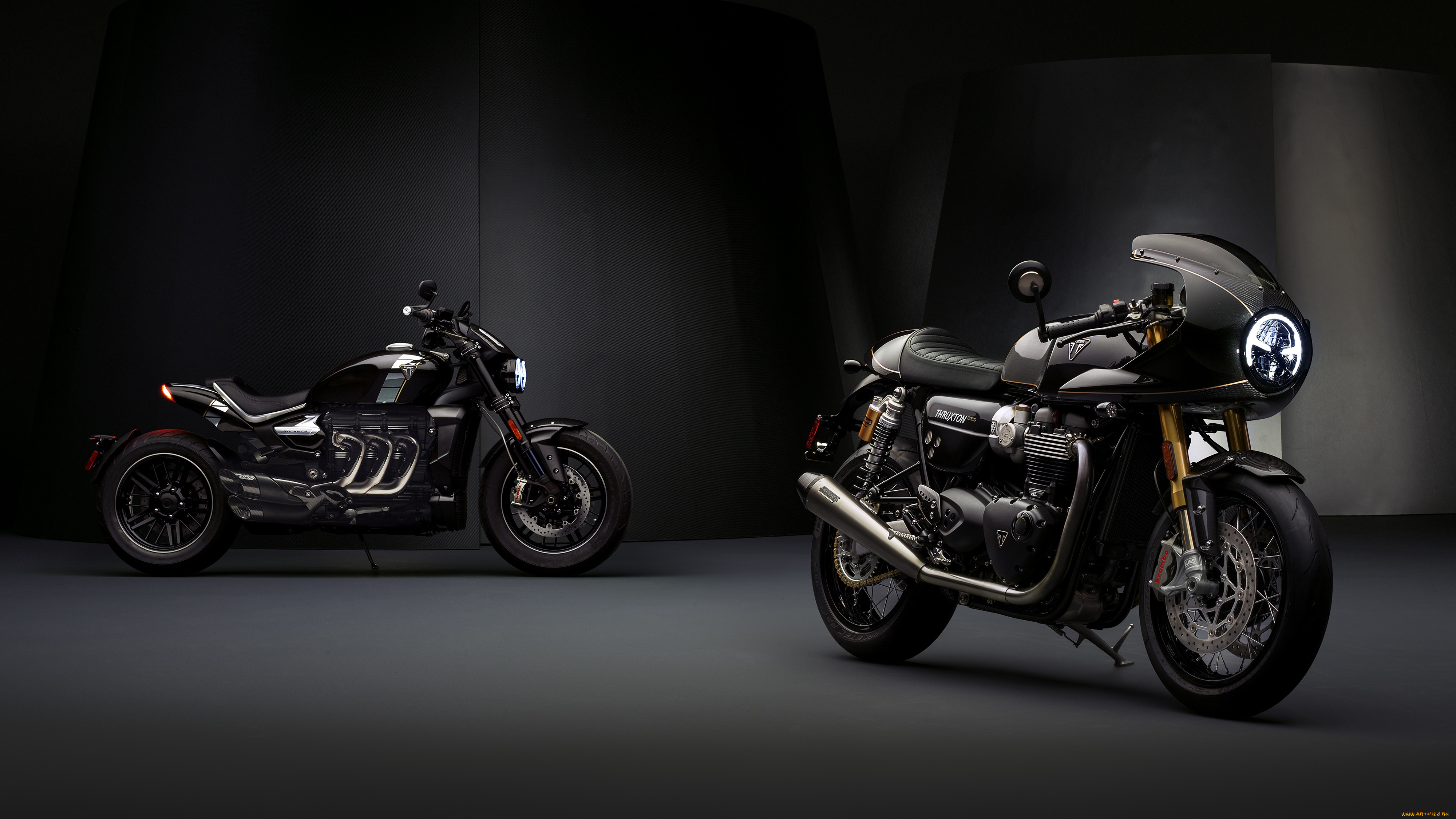 2019, triumph, thruxton, tfc, &, triumph, rocket, tfc, мотоциклы, triumph, мотоцикл, два, черный, thruxton, tfc