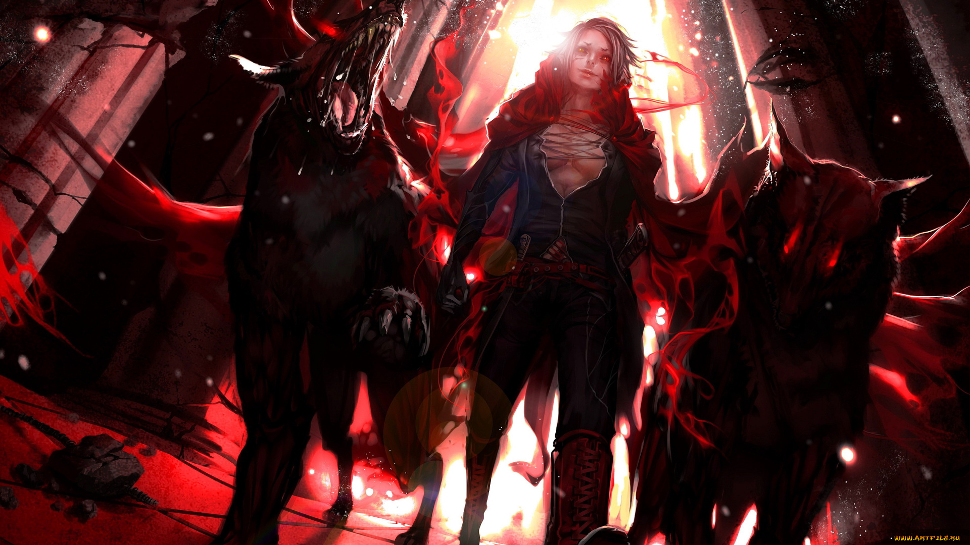 аниме, животные, , существа, собаки, монстры, зал, колонны, парень