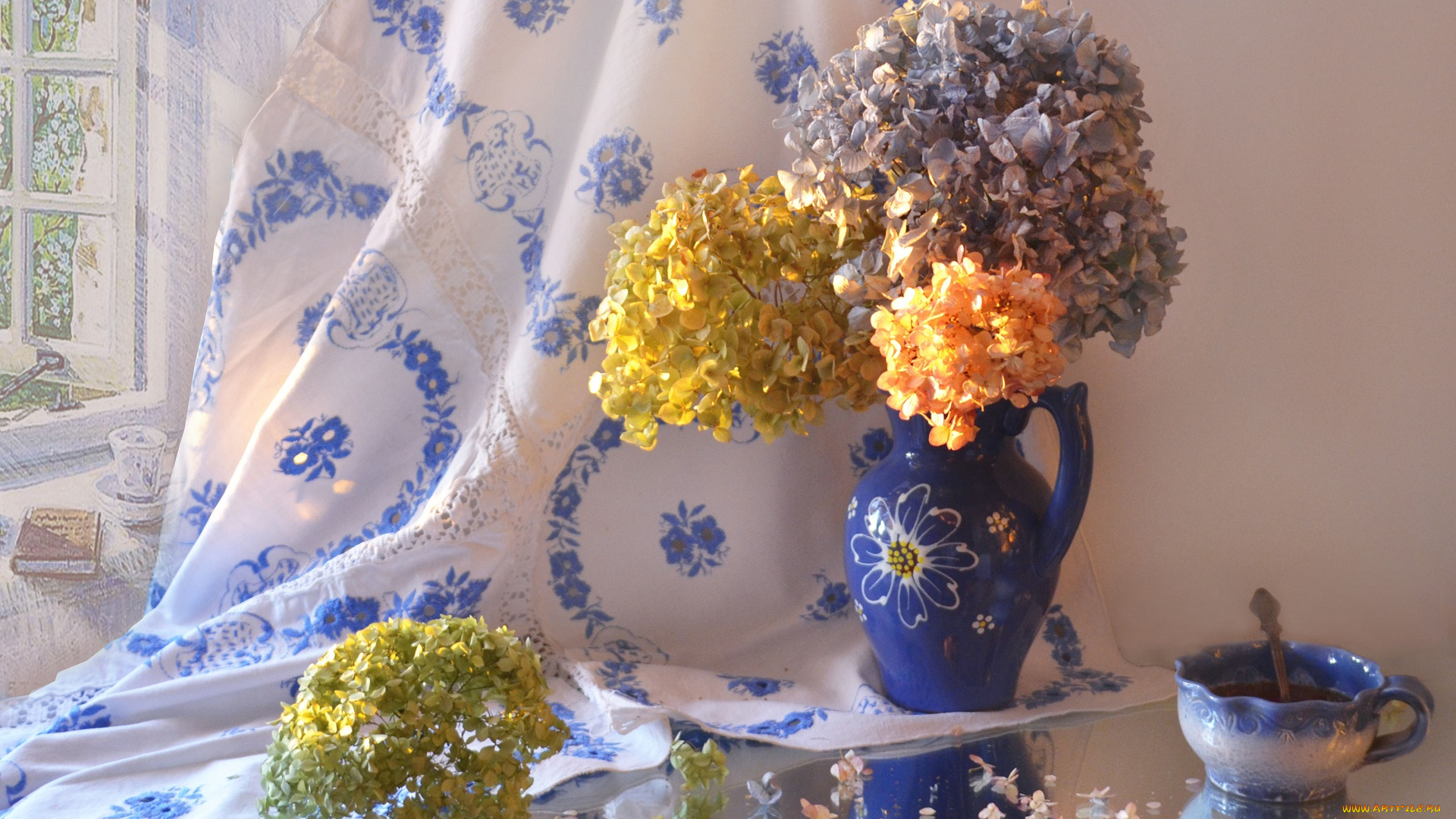 цветы, гортензия, натюрморт, зеркало, отражение, керамика, вечер, закат