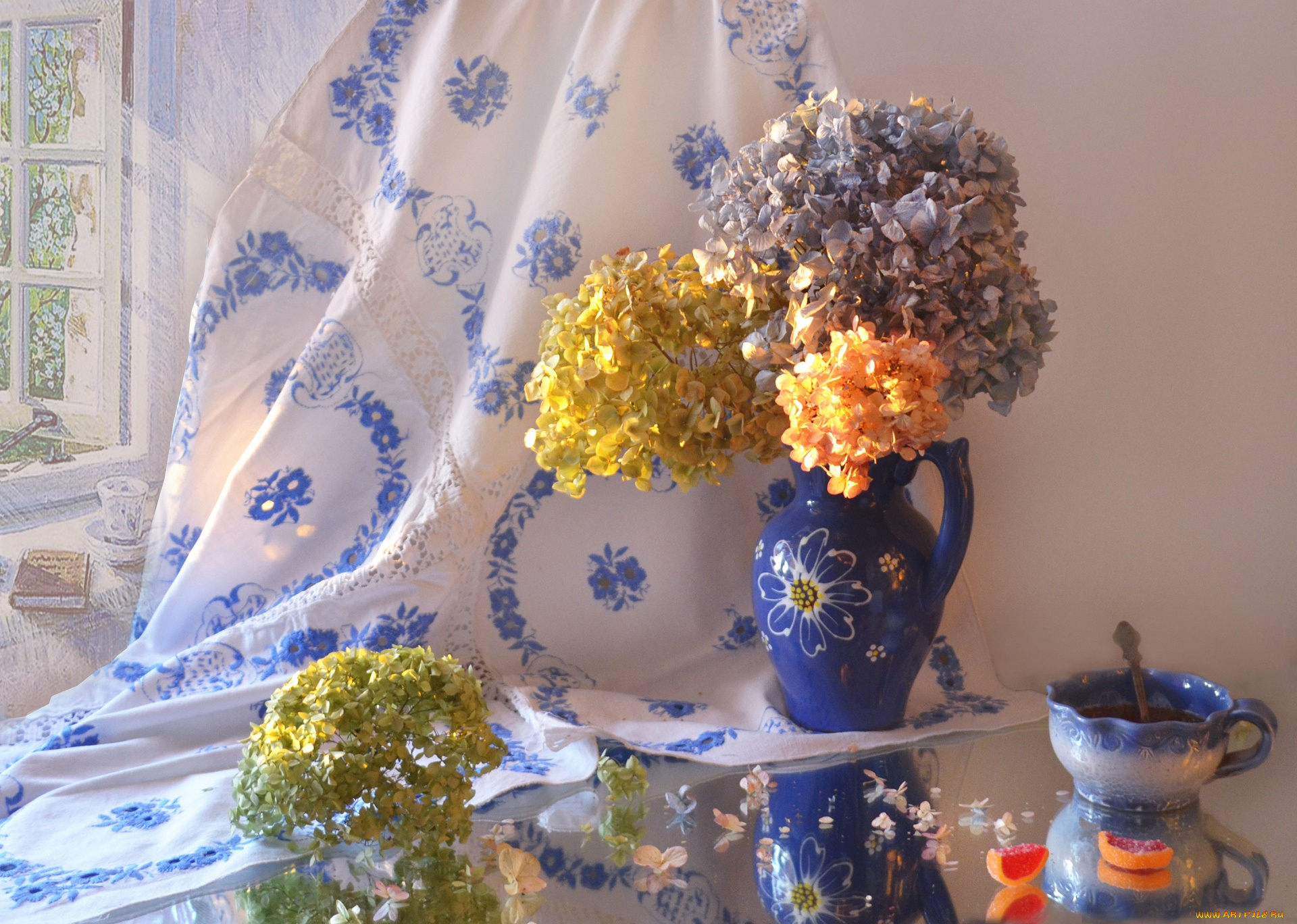 цветы, гортензия, натюрморт, зеркало, отражение, керамика, вечер, закат