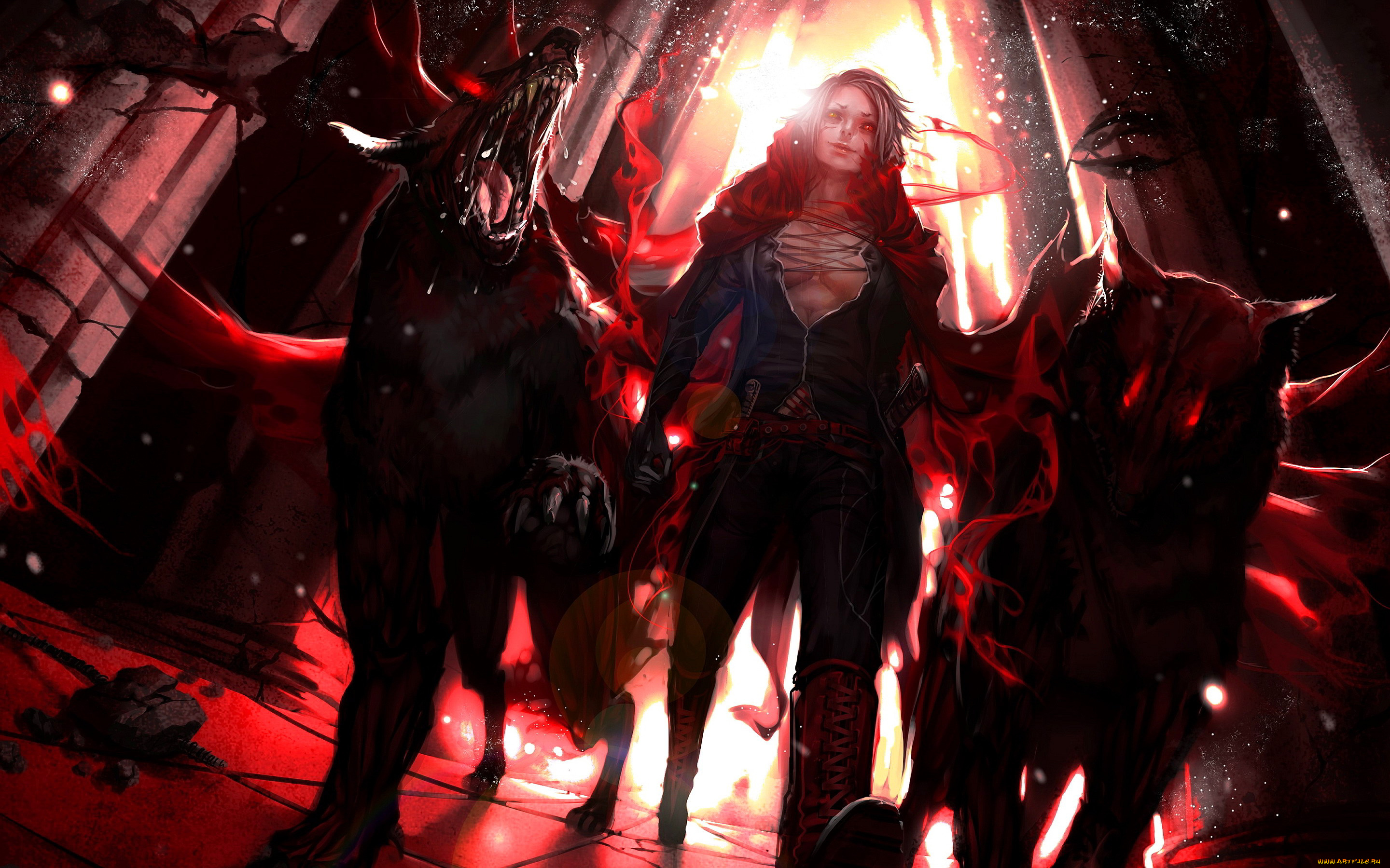 аниме, животные, , существа, собаки, монстры, зал, колонны, парень