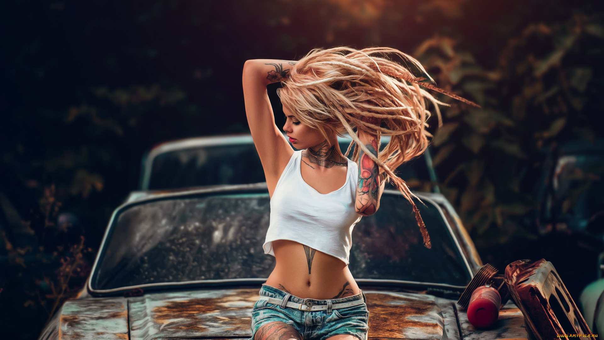 автомобили, -авто, с, девушками, старая, машина, девушка, дреды, блондинка, тату