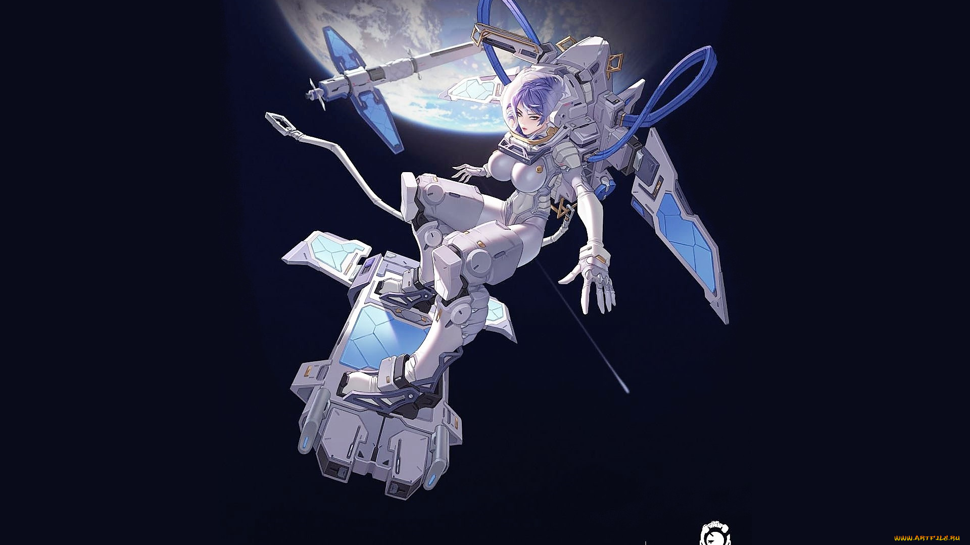 аниме, оружие, , техника, , технологии, девушка, скафандр, земля, космос, механизм