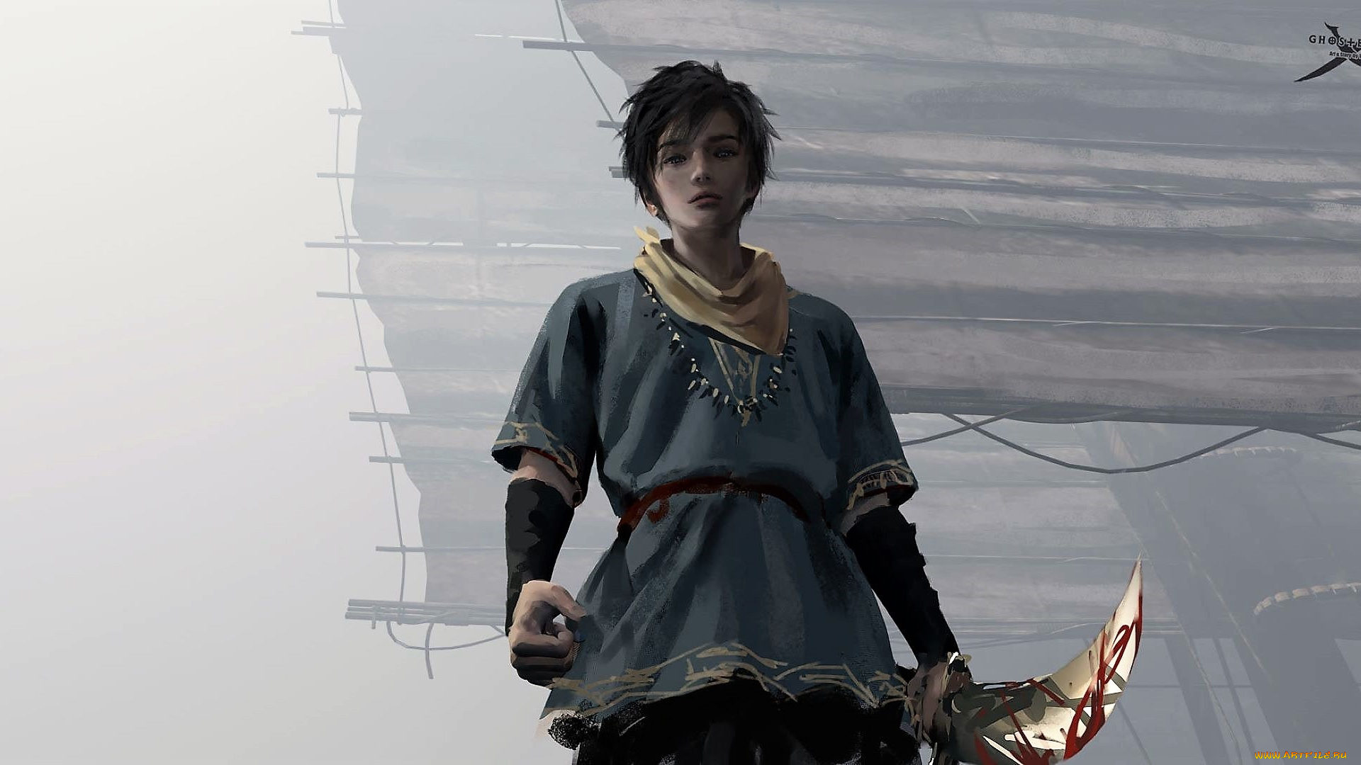 фэнтези, _ghost, blade, , , призрачный, клинок, парень, оружие, парус, туман