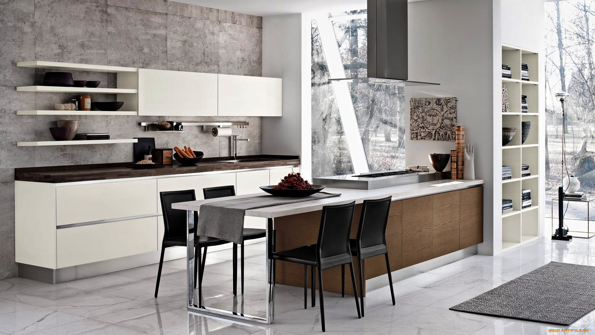 интерьер, кухня, шкафчики, плита, обеденный, стол