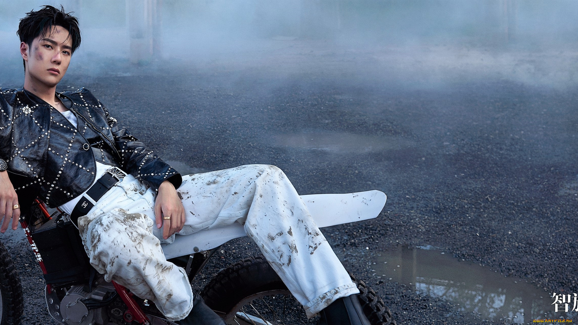 мужчины, wang, yi, bo, актер, певец, мотоцикл, грязь, лужи