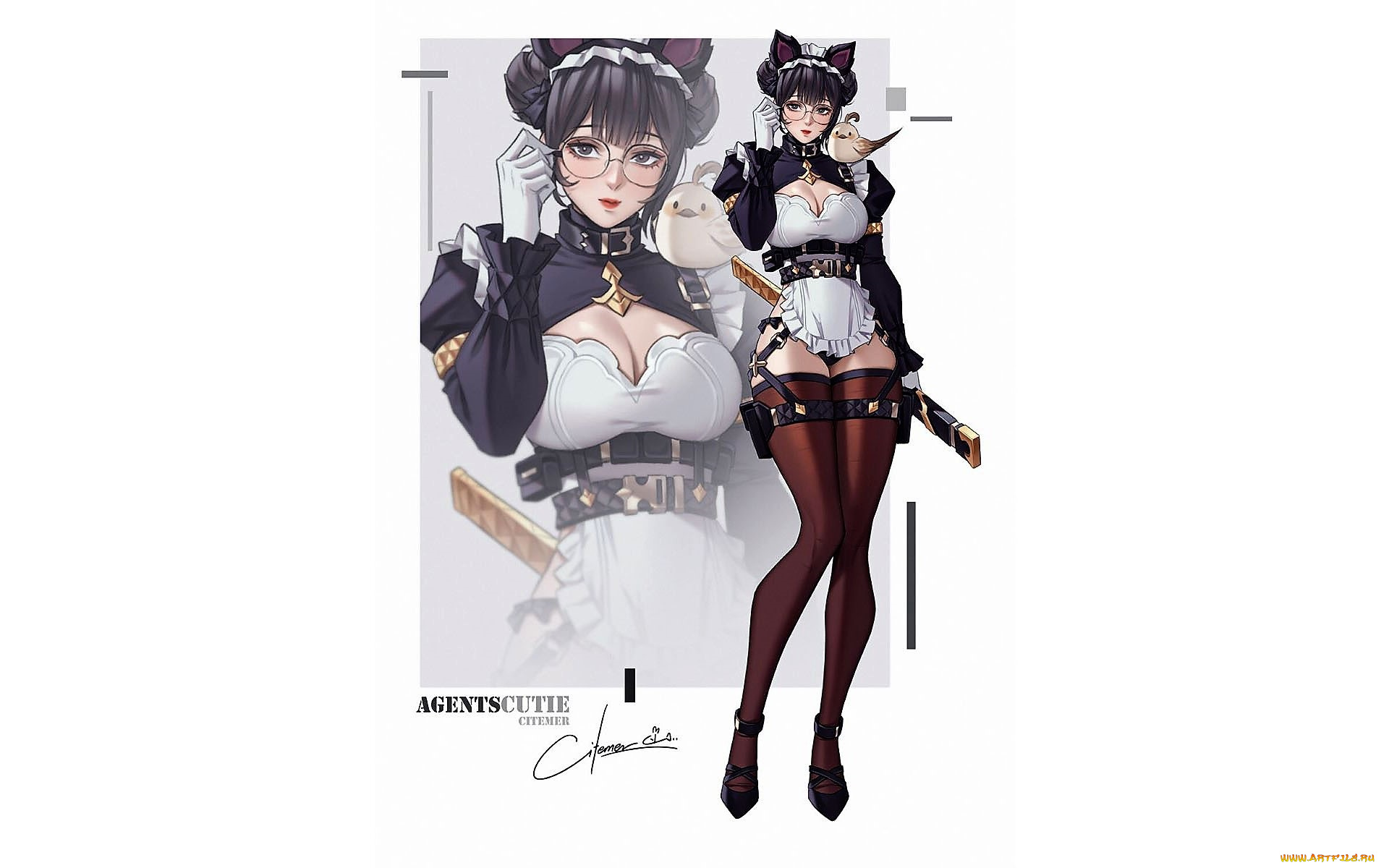 аниме, оружие, , техника, , технологии, девушка, горничная, ушки, птица