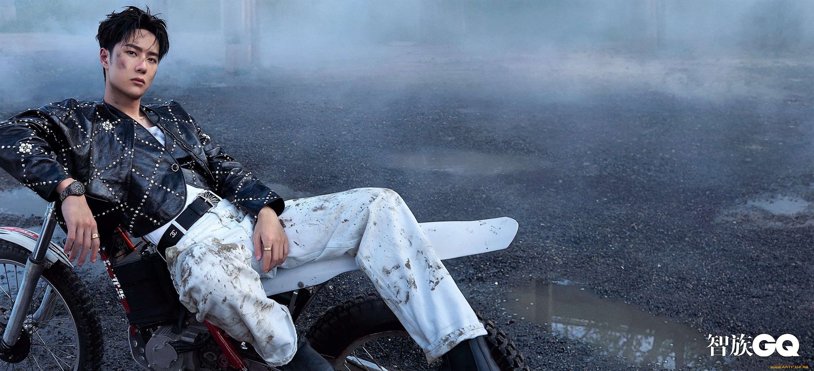 мужчины, wang, yi, bo, актер, певец, мотоцикл, грязь, лужи