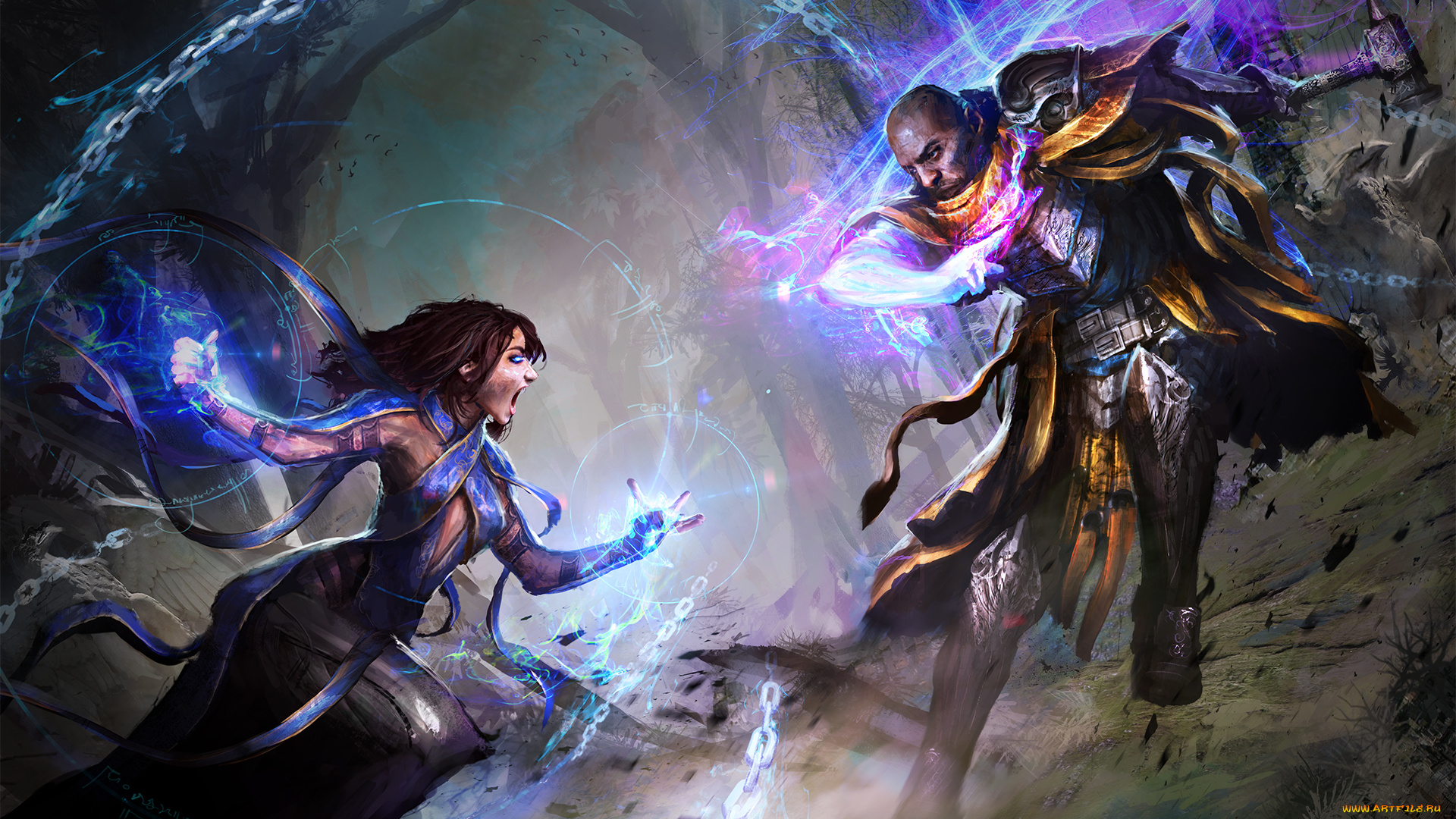 фэнтези, маги, , волшебники, девушка, мужчина, униформа, бой, магия