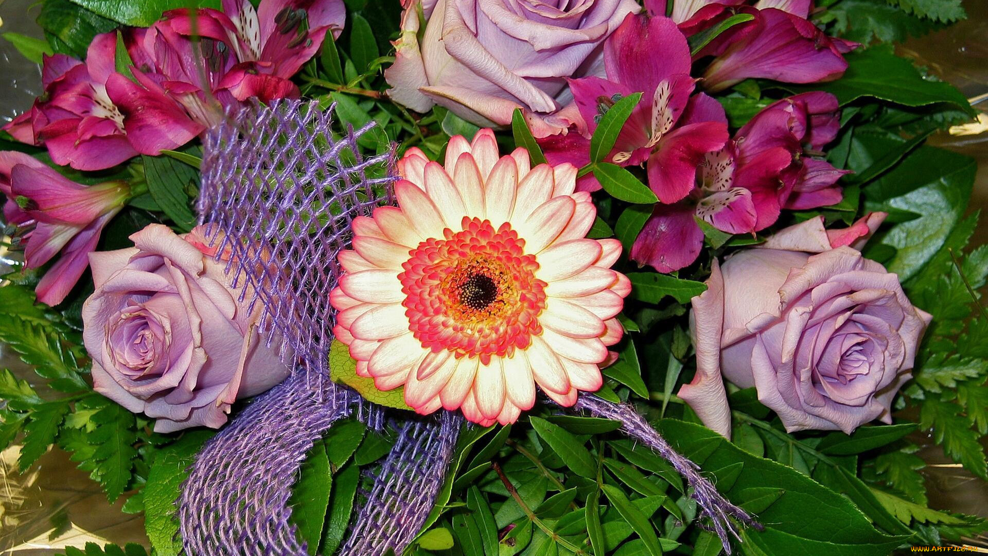 цветы, разные, вместе, альстромерия, розы, хризантемы