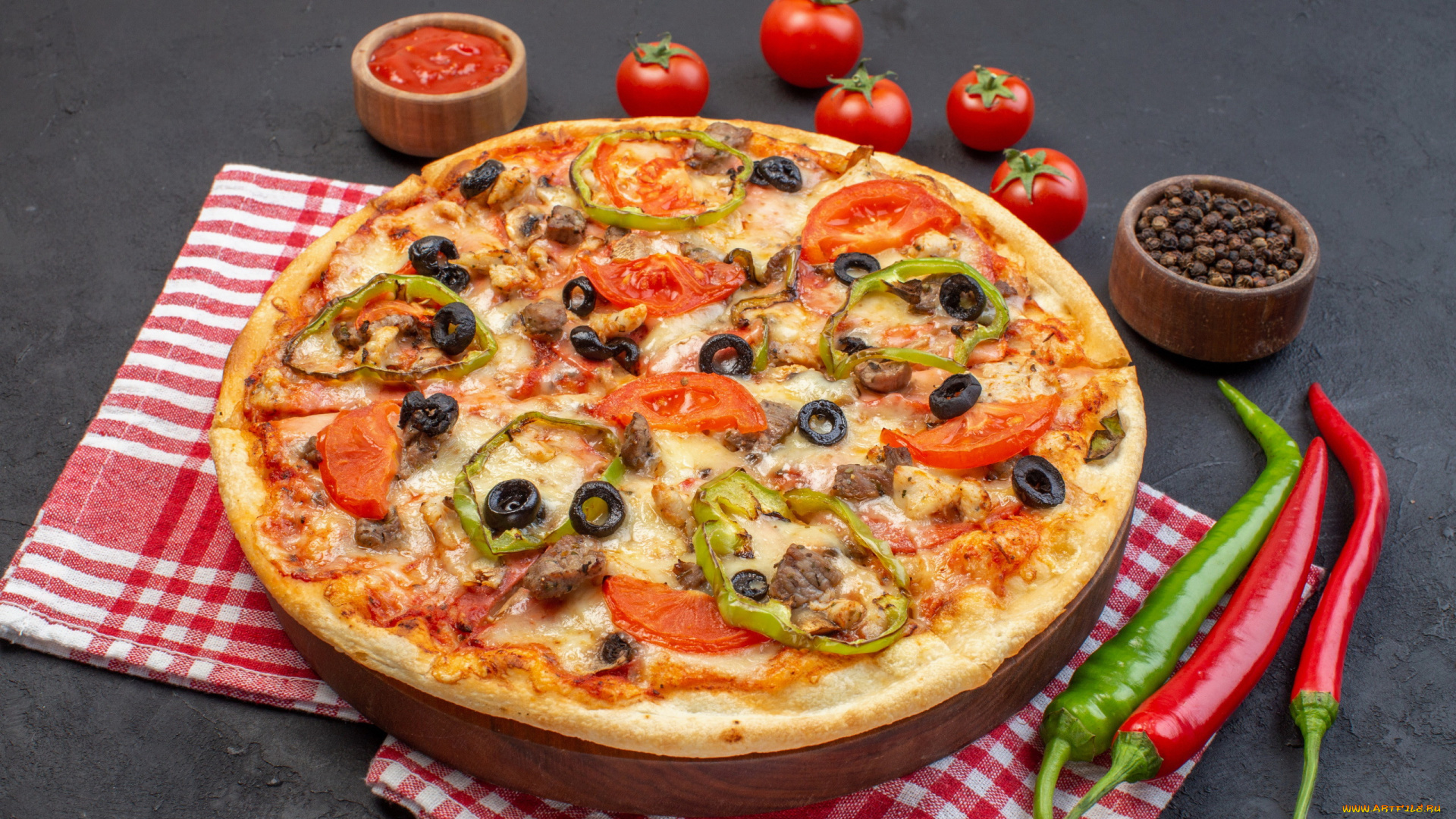 еда, пицца, помидоры, кетчуп, перец