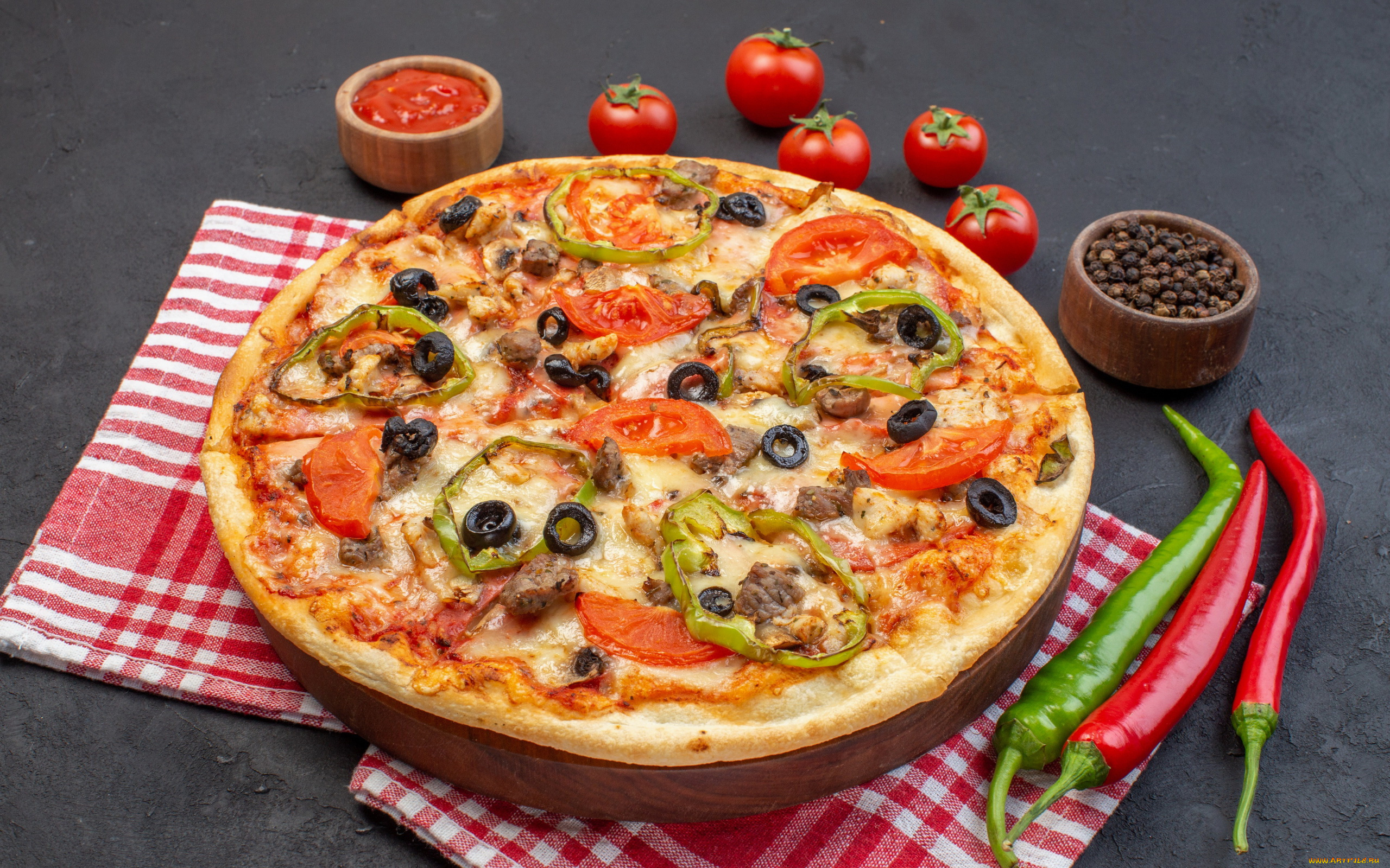 еда, пицца, помидоры, кетчуп, перец