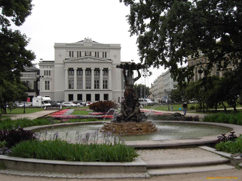 рига, фонтан, театра, оперы, балета, города, латвия