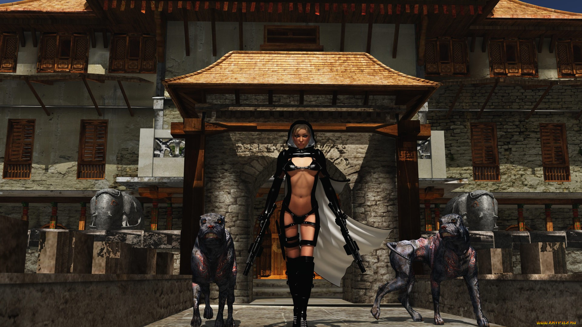 3д, графика, fantasy, фантазия, собаки, девушка