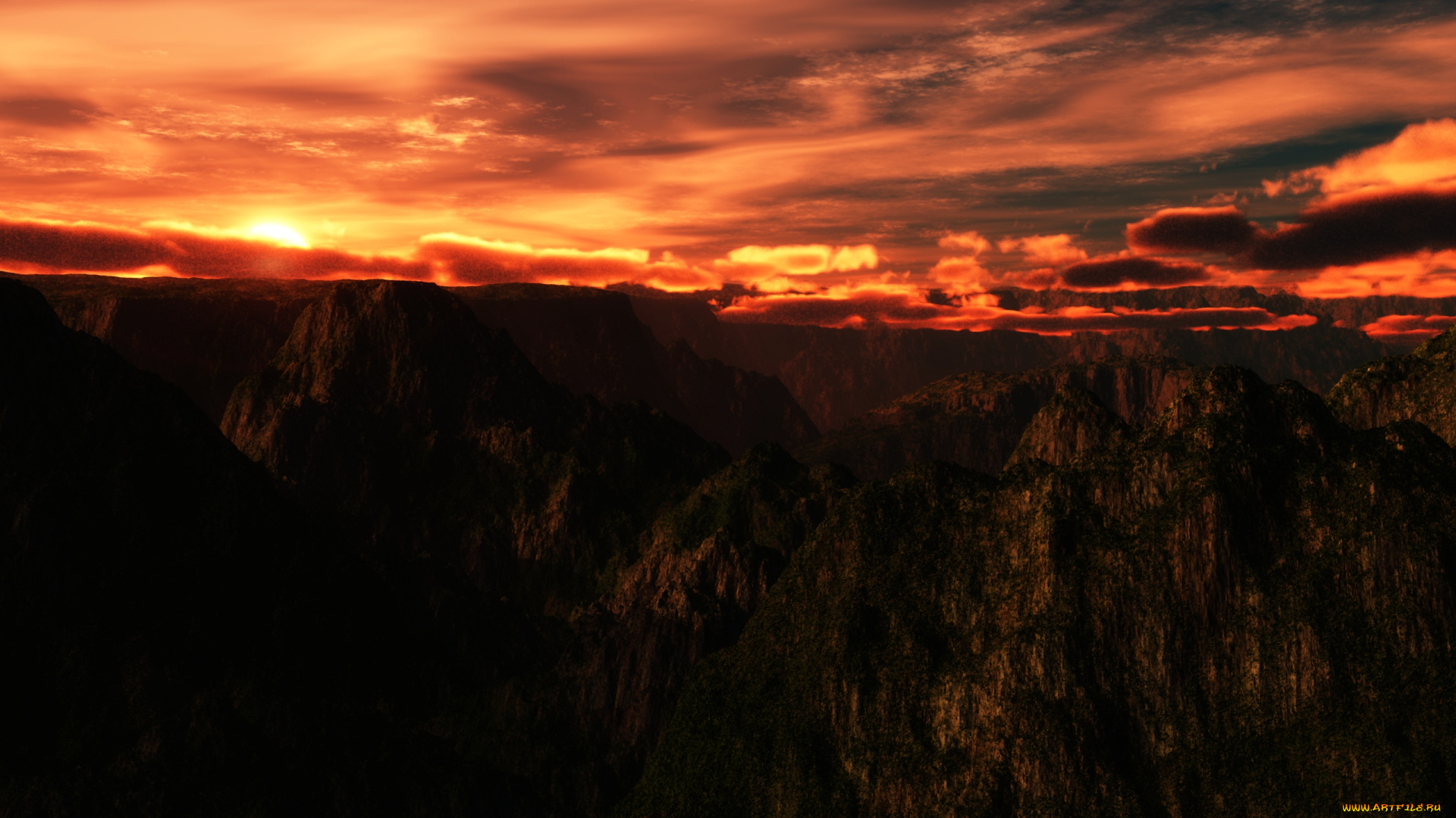 burning, sunset, 3д, графика, nature, landscape, природа, горы, закат, небо