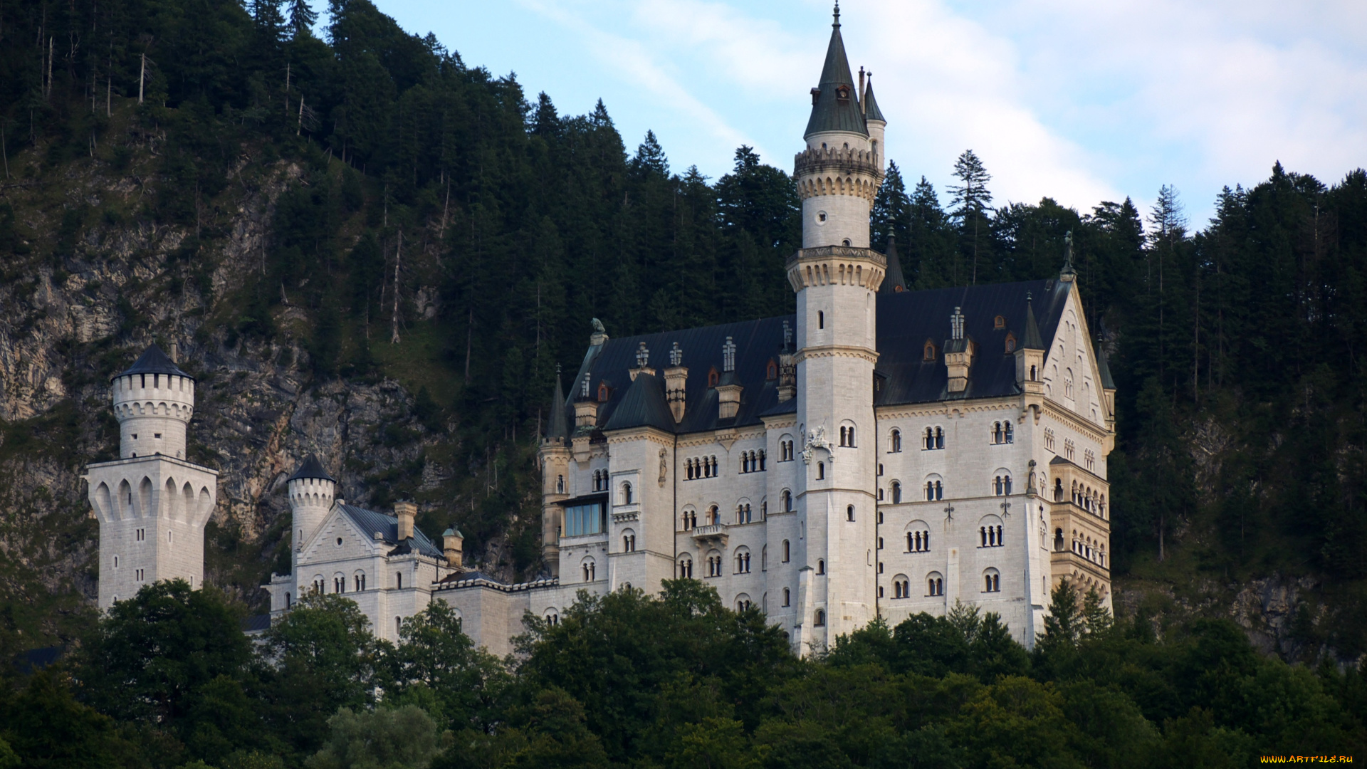 замок, нойшванштайн, бавария, германия, города, башни, лес, белый, каменный