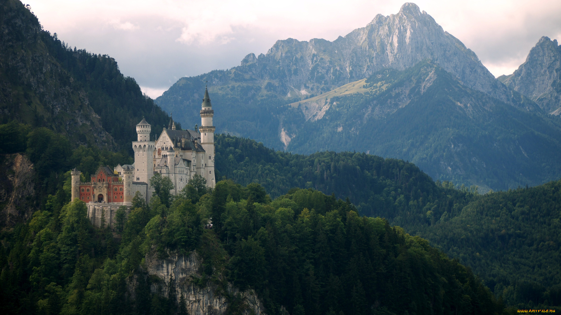замок, нойшванштайн, бавария, германия, города, горы, башни, лес