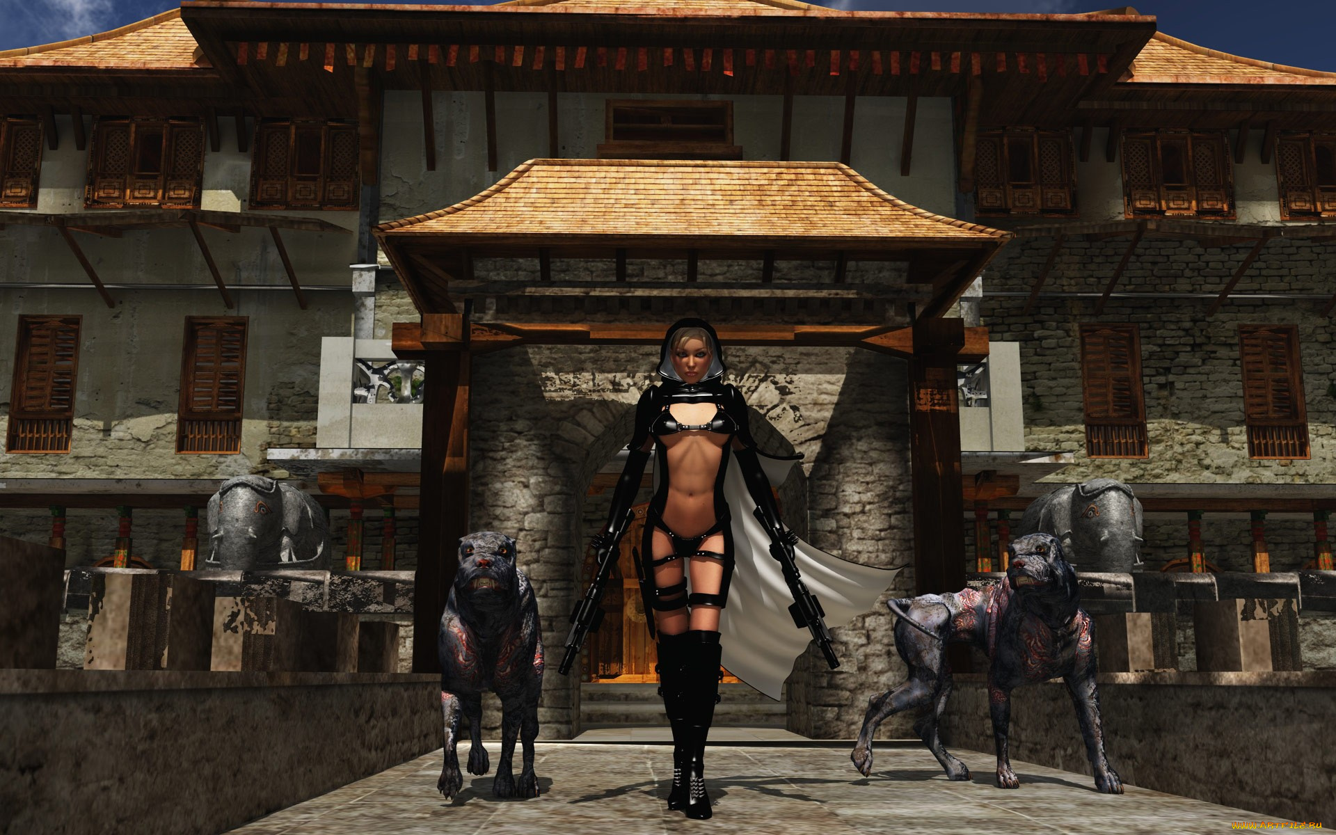 3д, графика, fantasy, фантазия, собаки, девушка