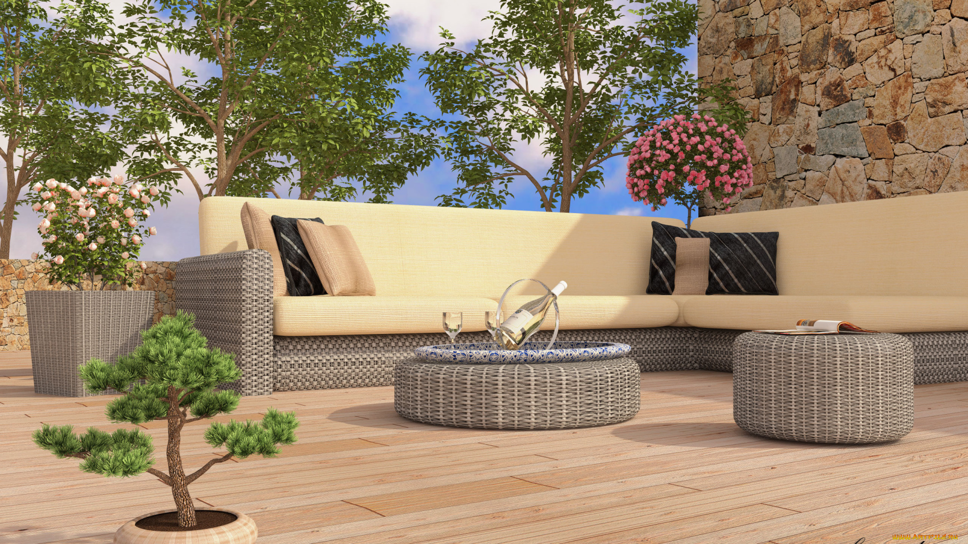 3д, графика, realism, реализм, диван, подушки, деревь, цветы, вино